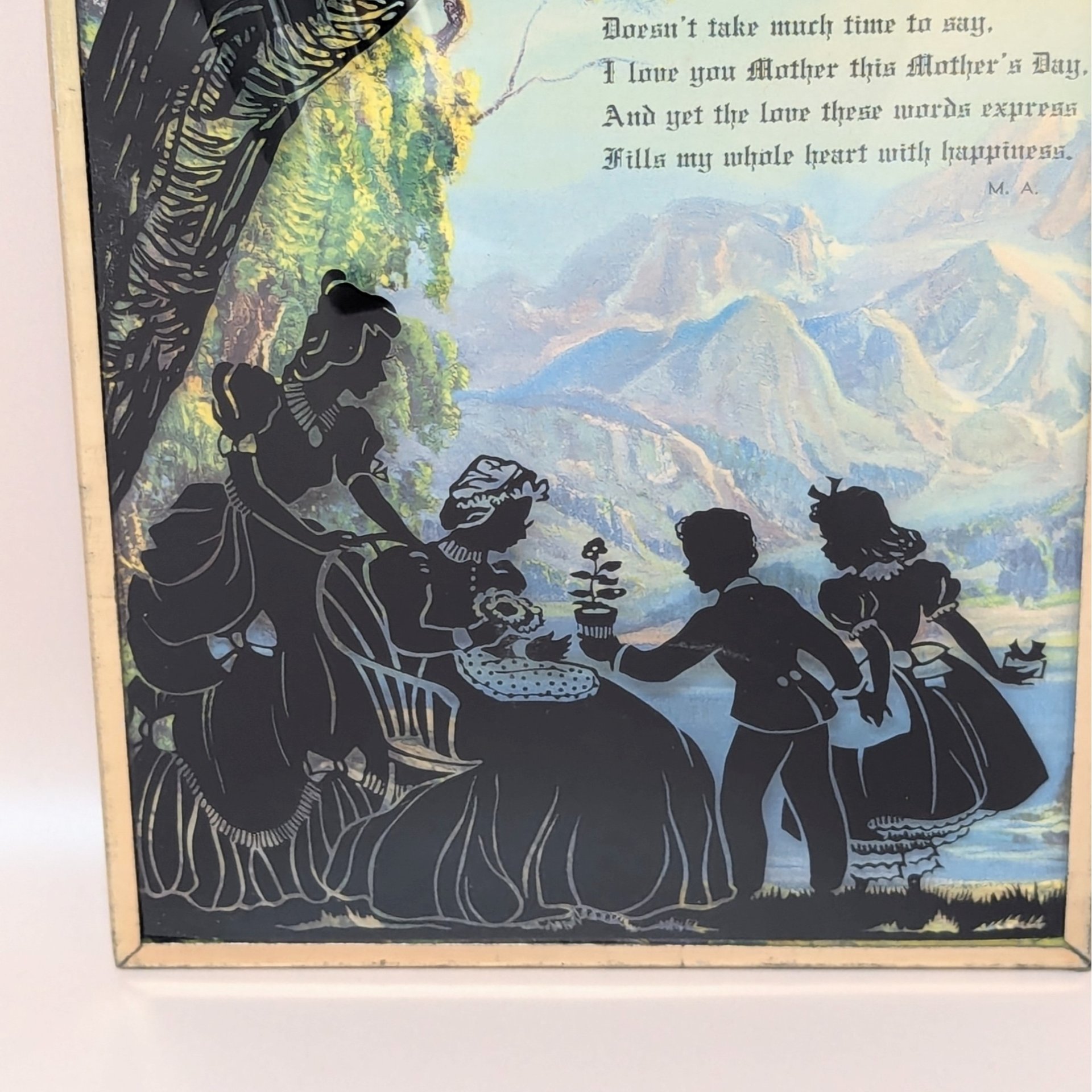 1940s Mother Dear Poem Art – Convex Bubble Glass – Vintage Silhouette