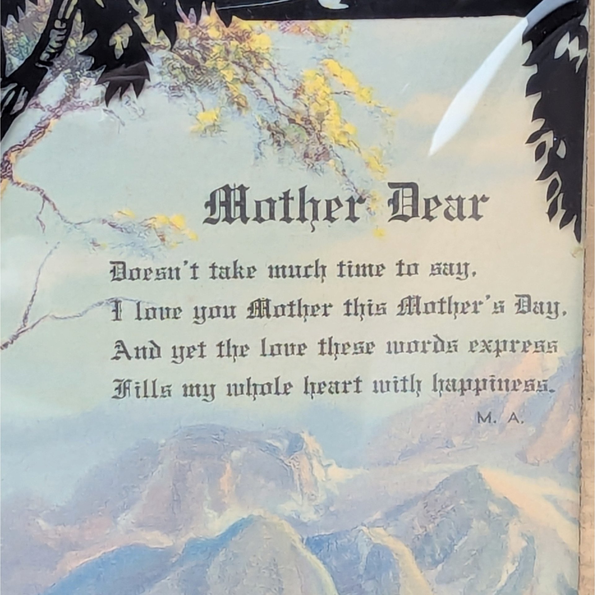 1940s Mother Dear Poem Art – Convex Bubble Glass – Vintage Silhouette