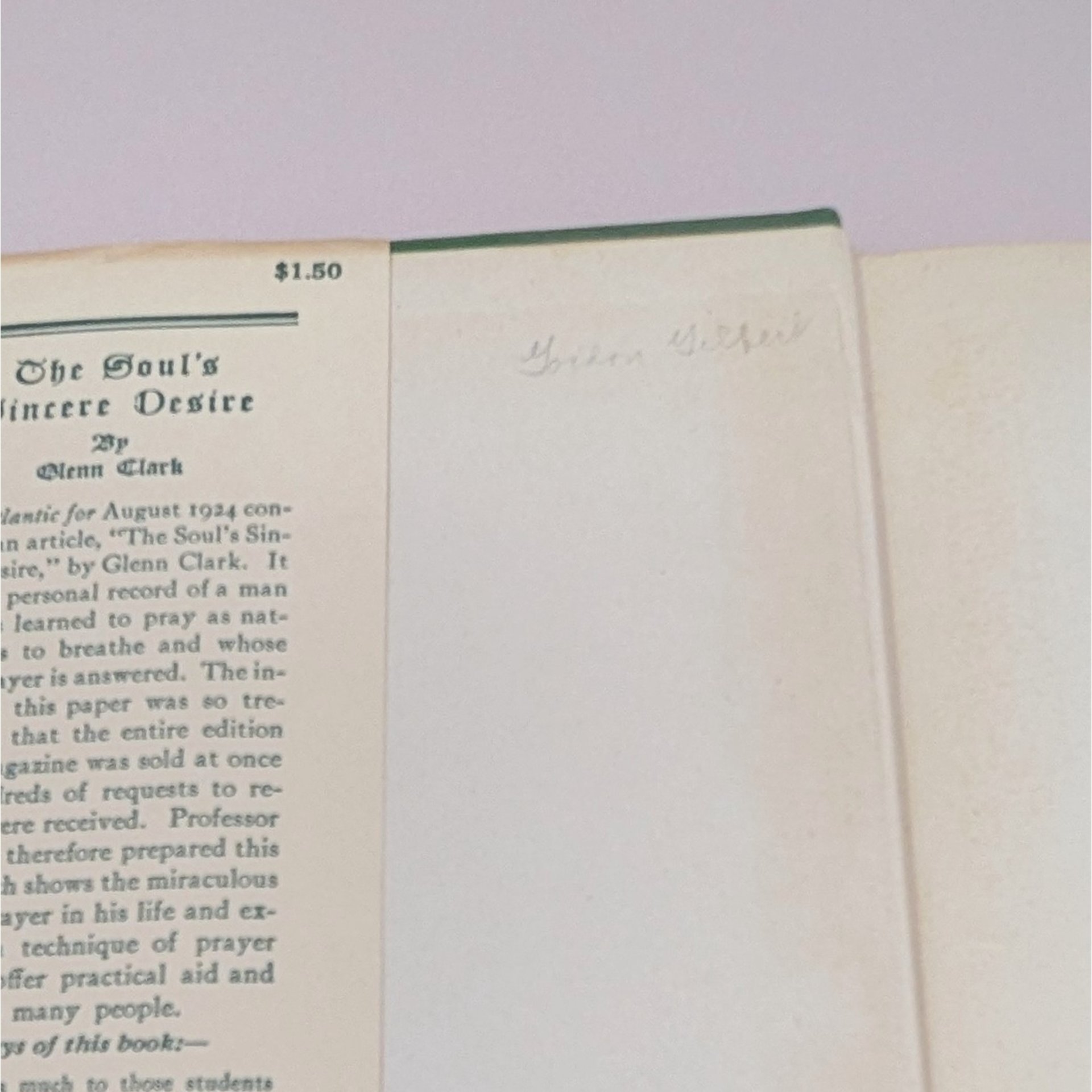 1946 The Soul's Sincere Desire Hardcover – Glenn Clark – Christian Meditative Gift