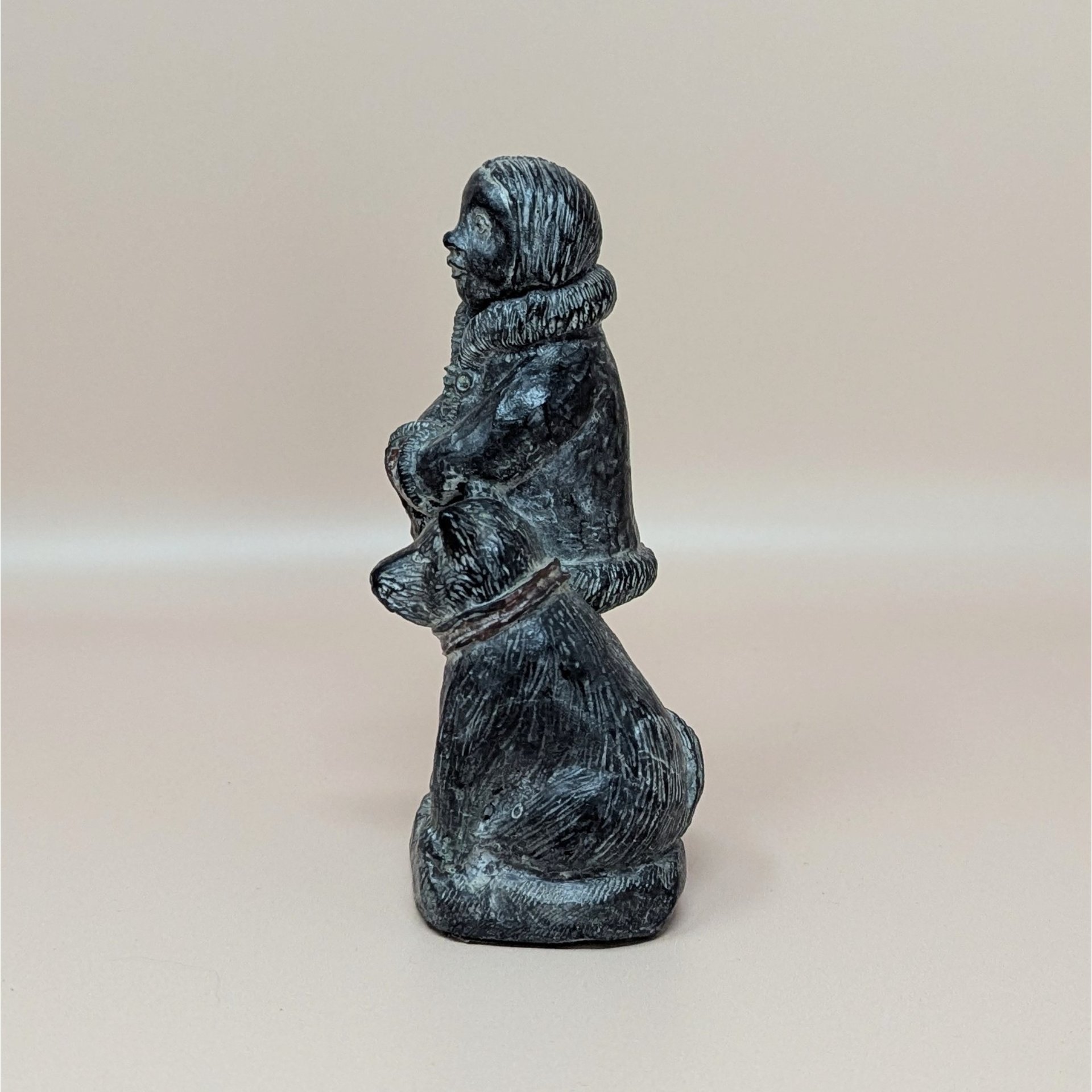 1970s Wolf Sculpture Original Figurine – Folk Art Eskimo Child and Dog