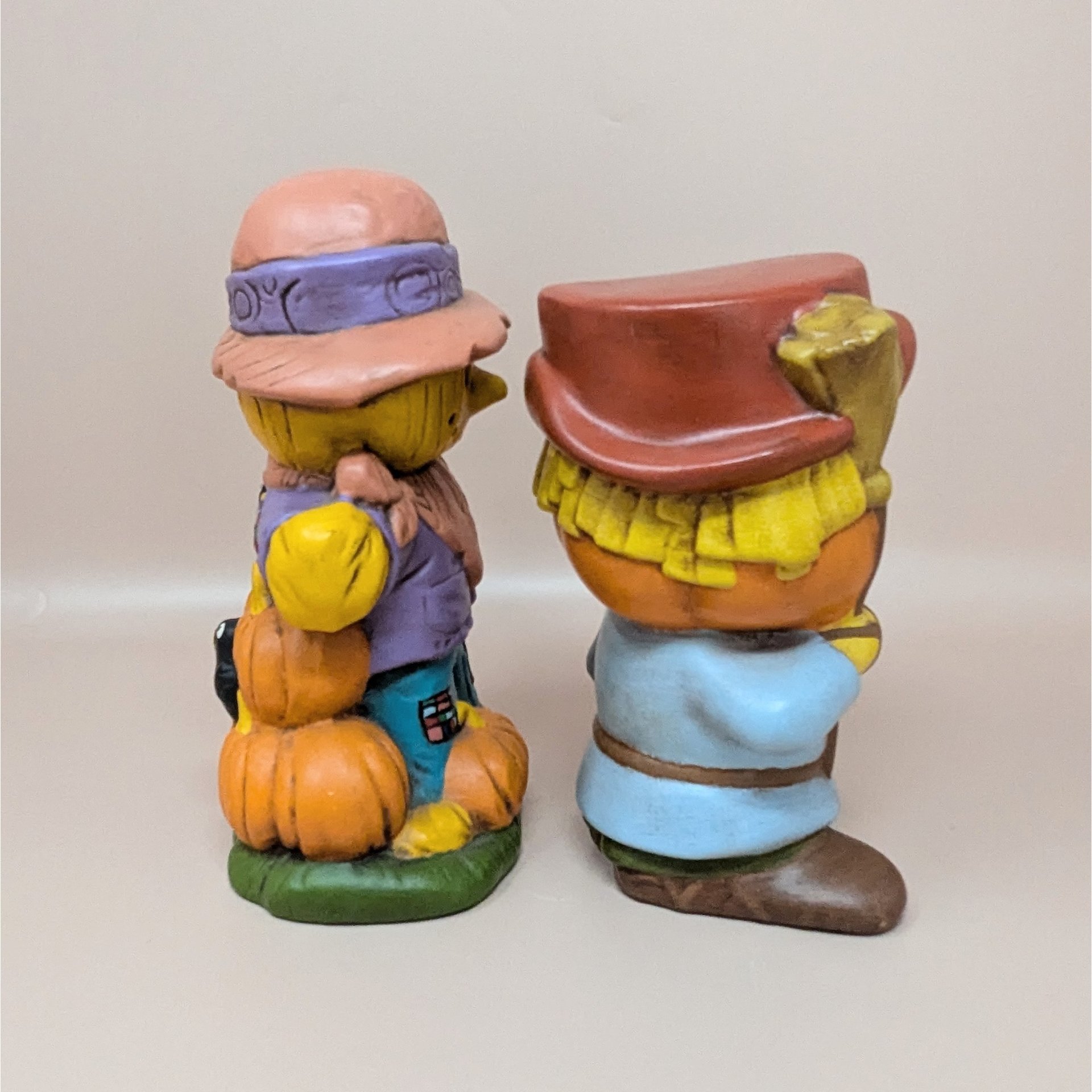 1970s Halloween Figurines – Handpainted Ceramic Scarecrow and Jack O Lantern