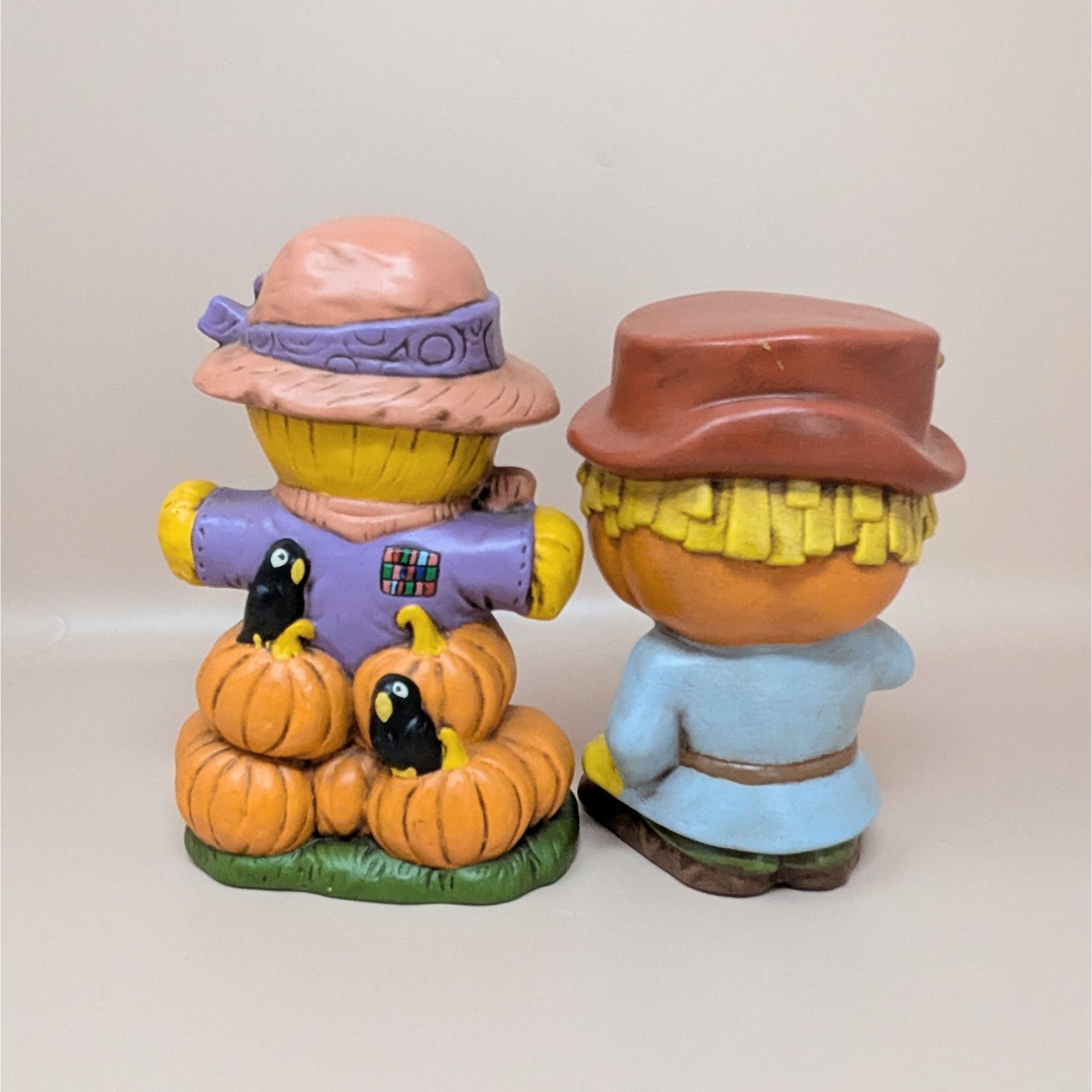 1970s Halloween Figurines – Handpainted Ceramic Scarecrow and Jack O Lantern