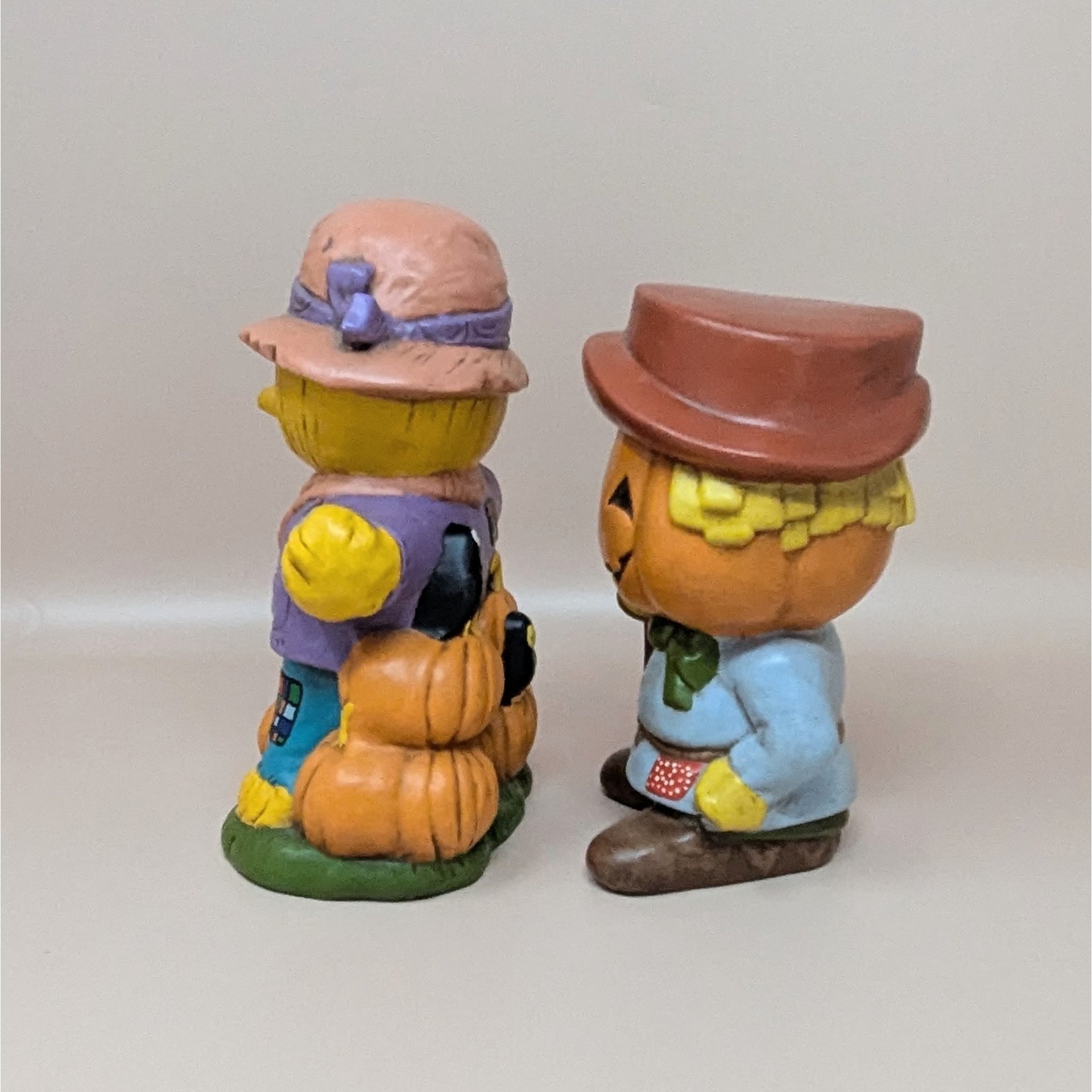 1970s Halloween Figurines – Handpainted Ceramic Scarecrow and Jack O Lantern