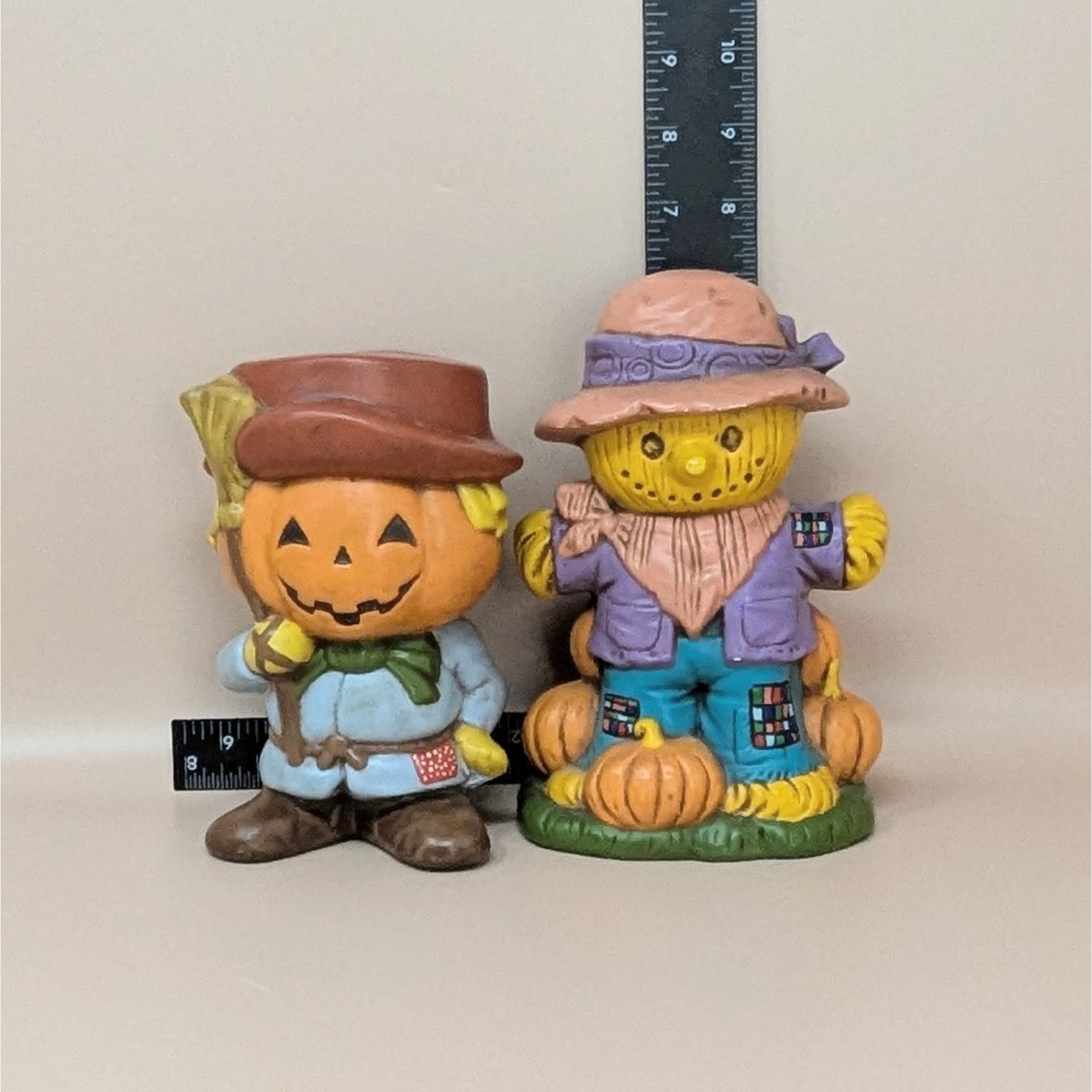 1970s Halloween Figurines – Handpainted Ceramic Scarecrow and Jack O Lantern
