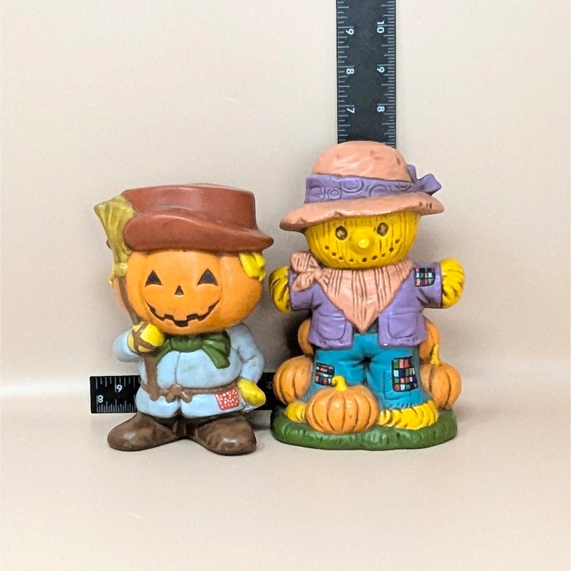 1970s Halloween Ceramic Scarecrow and Jack O Lantern Figurines