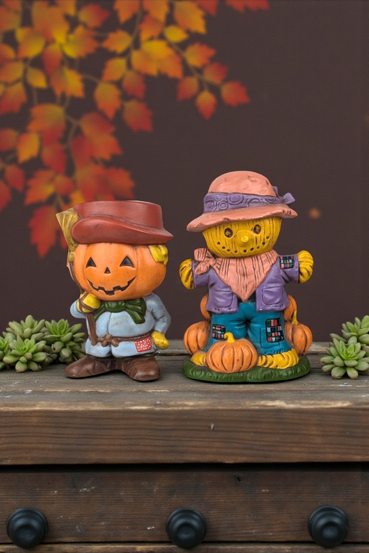 1970s Hand-Painted Scarecrow & Jack-O'-Lantern Ceramic Figures