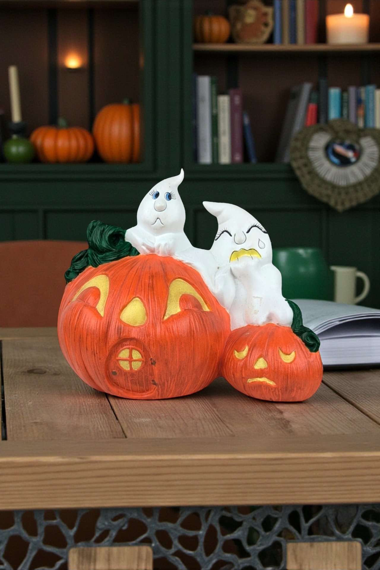 Vintage Hand-Painted Ceramic Ghosts and Jack-O'-Lantern Figurine