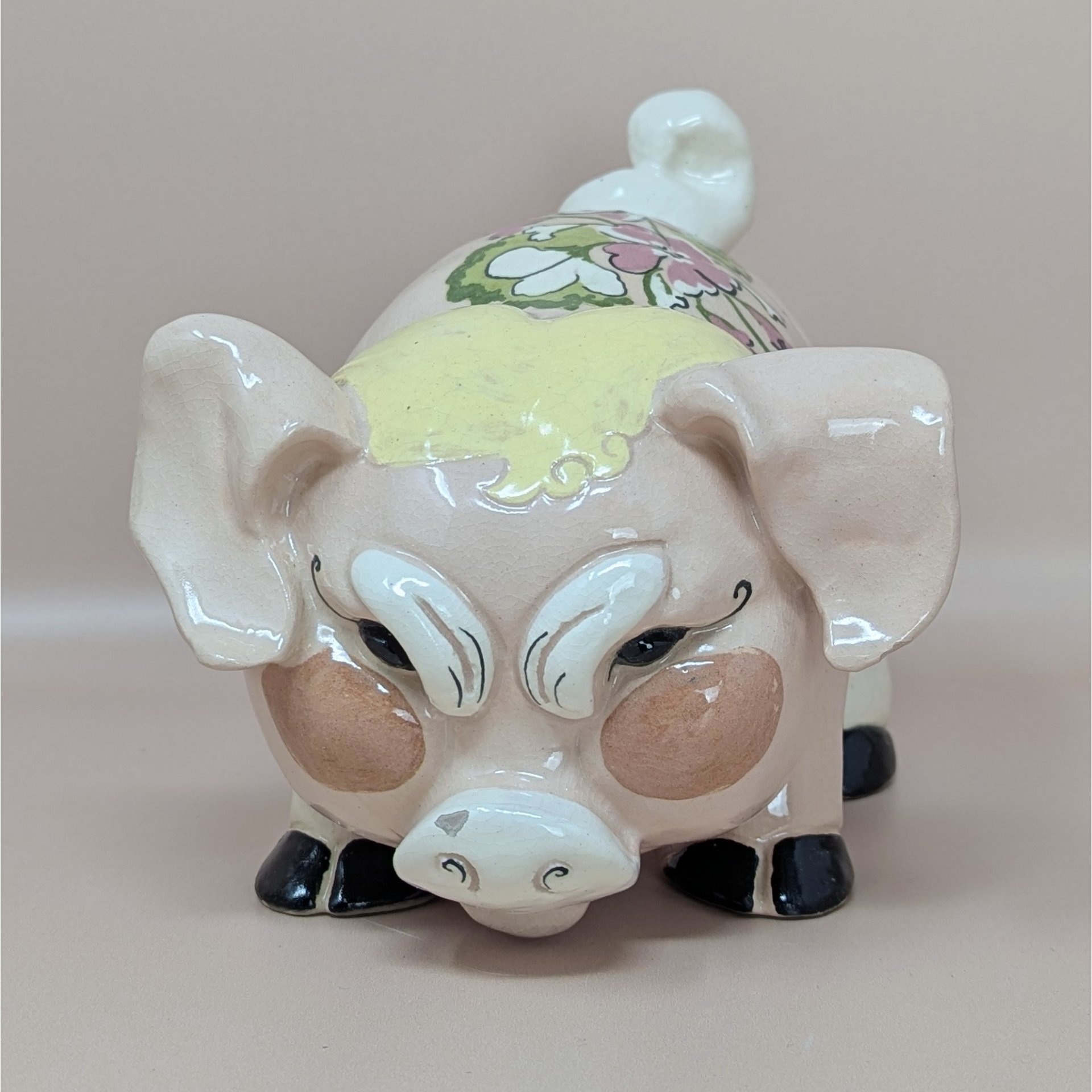 Kay Finch Grumpy Pig – 1940s California Pottery – Floral Ceramic Figurine
