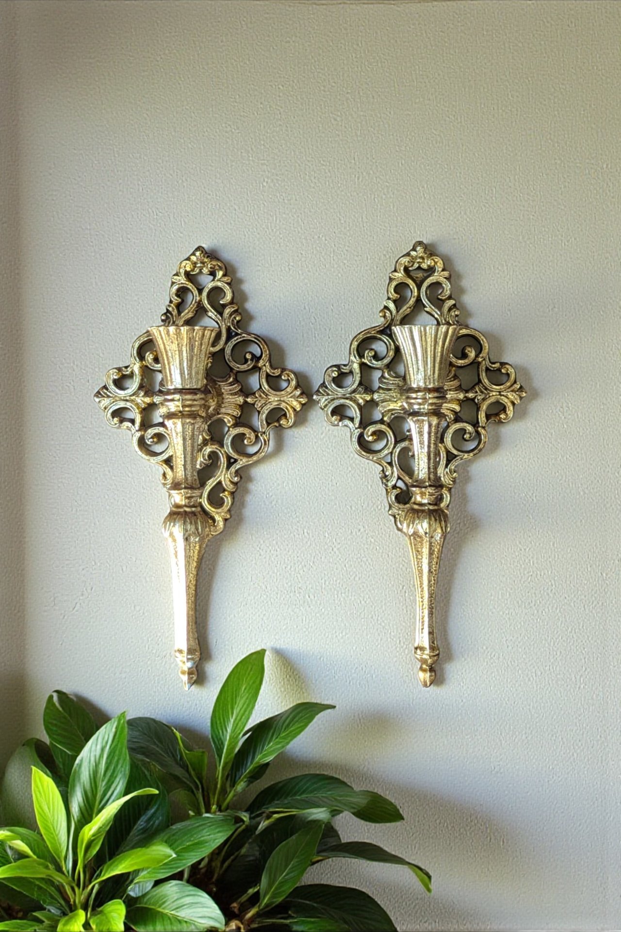 Vintage Italian Brass Wall Mounted Candle Sconces: Set of 2