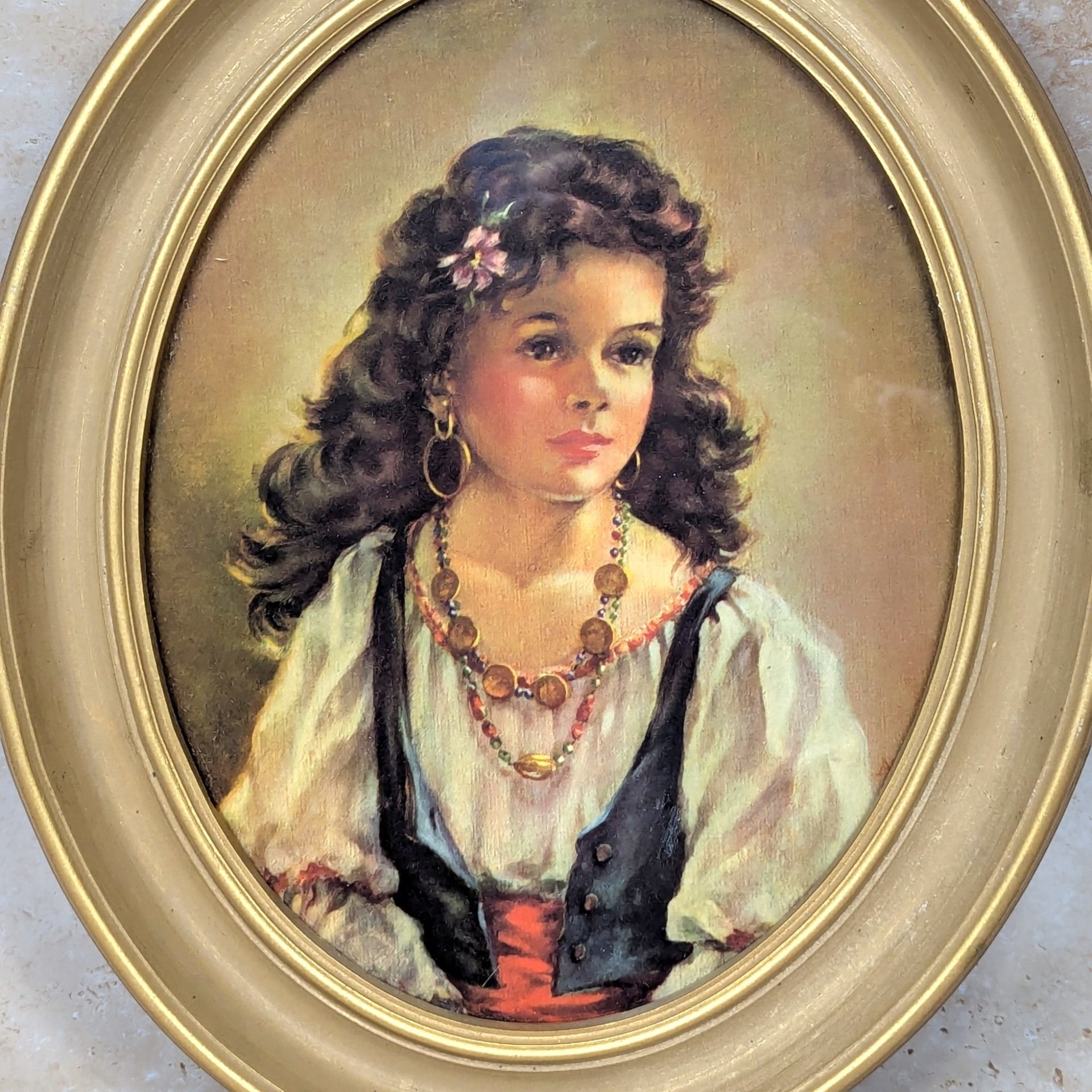 1950s Ann Allaben Chico and Elena Oval Framed Prints Pair