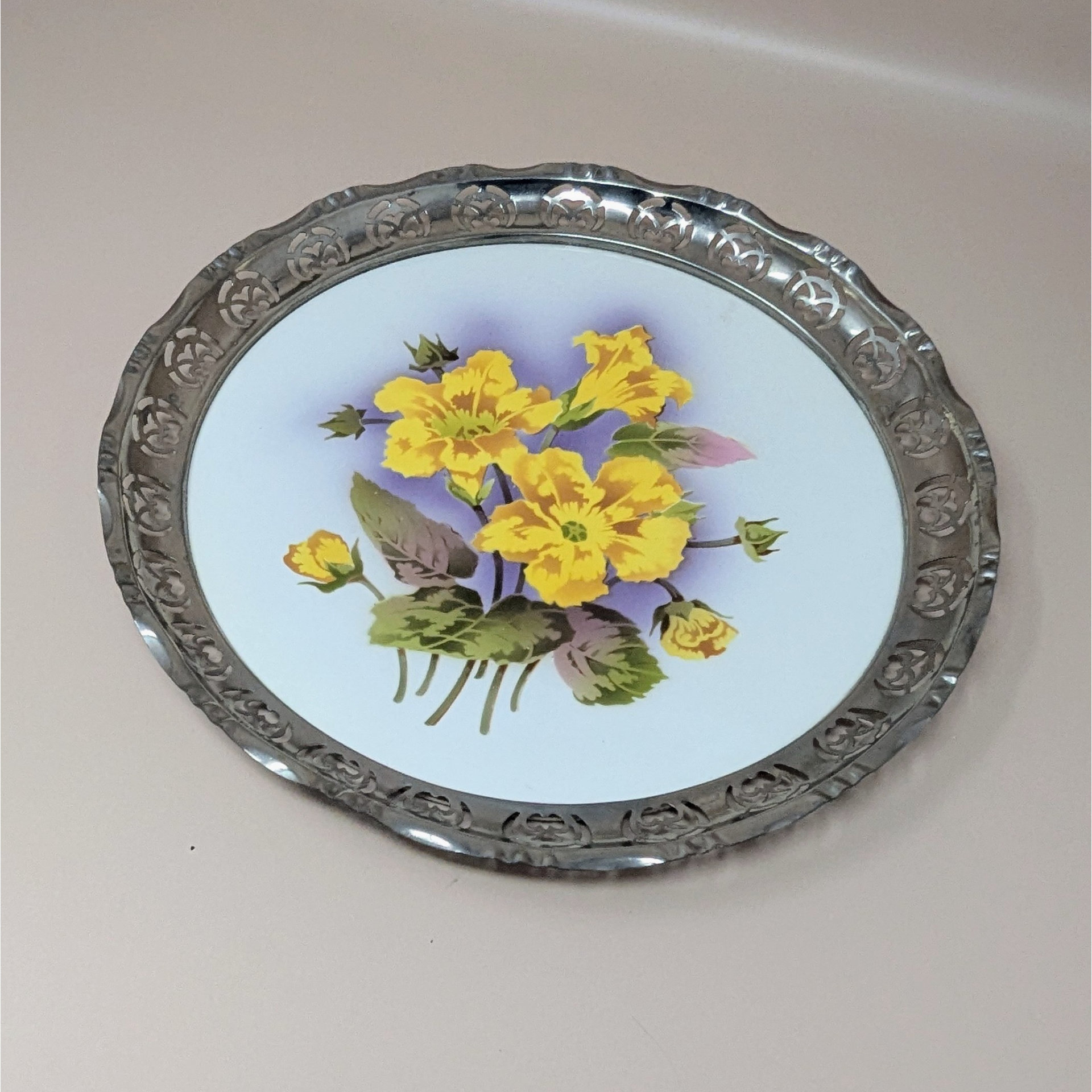 1960s BMF Germany Floral Porcelain Tray with Silver Plate Gallery Rim
