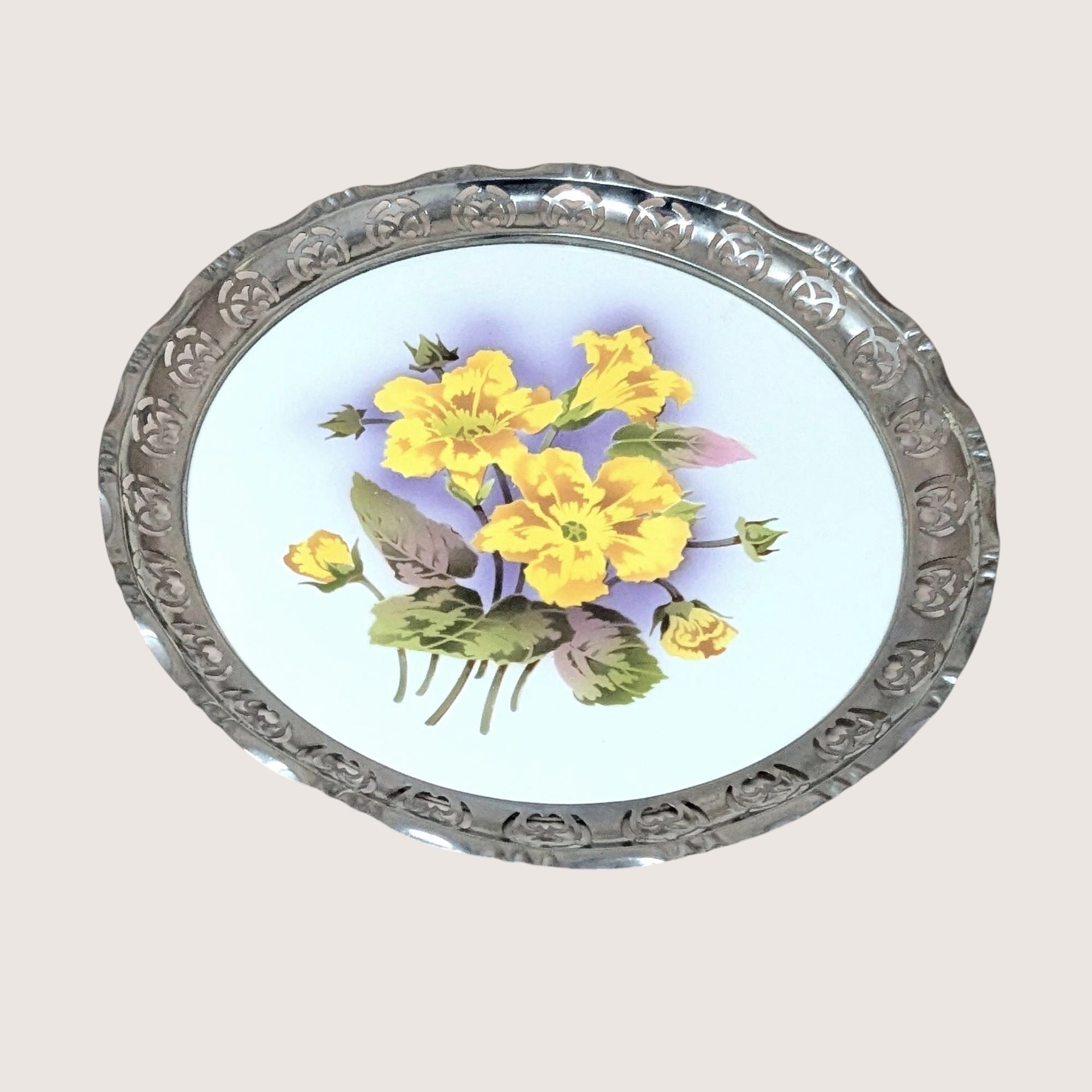 1960s BMF Germany Floral Porcelain Tray with Silver Plate Gallery Rim