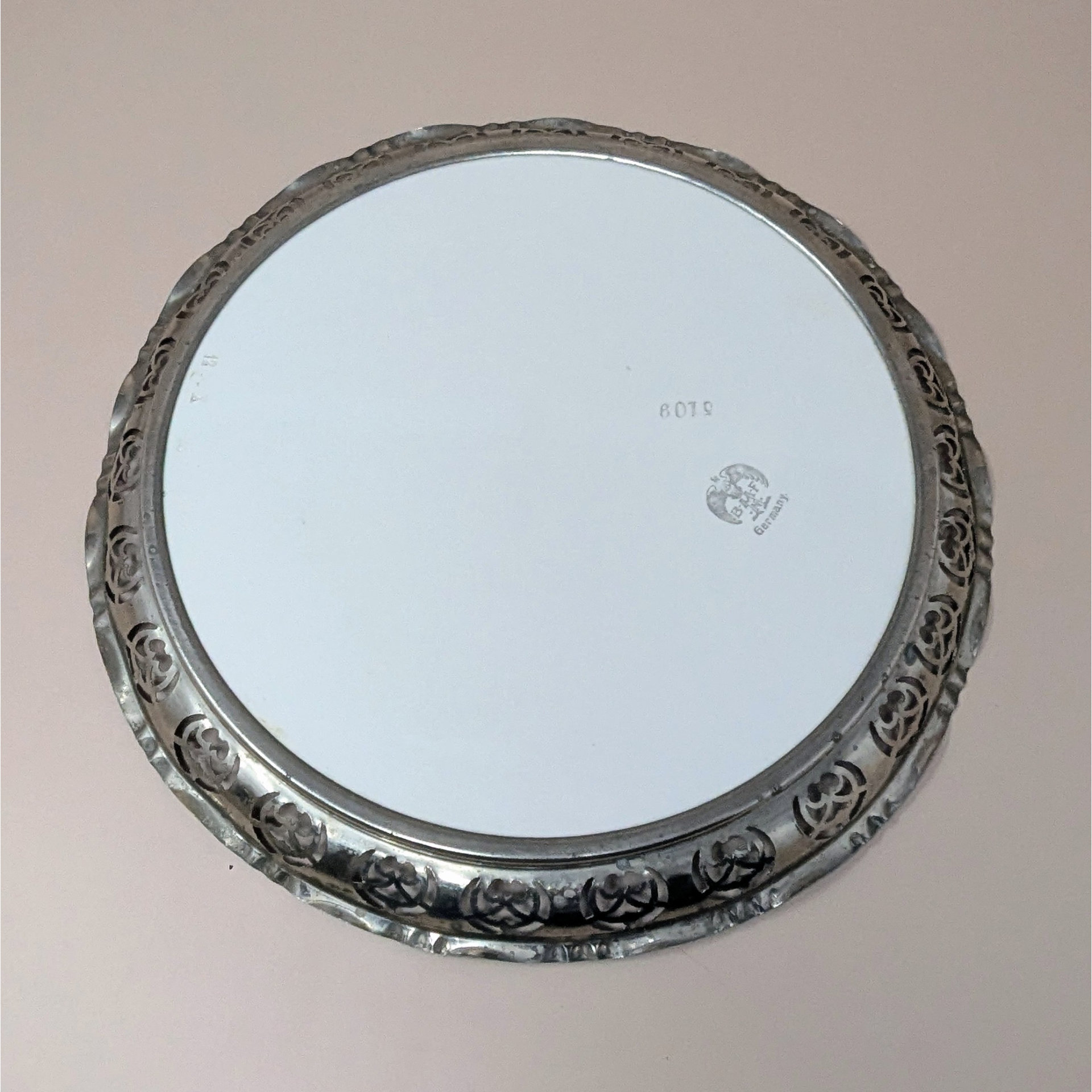 1960s BMF Germany Floral Porcelain Tray with Silver Plate Gallery Rim