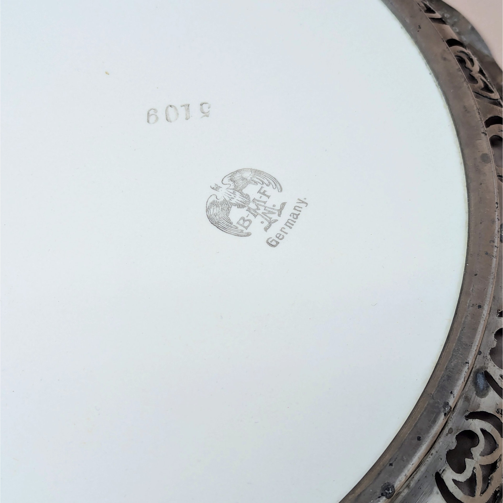 1960s BMF Germany Floral Porcelain Tray with Silver Plate Gallery Rim