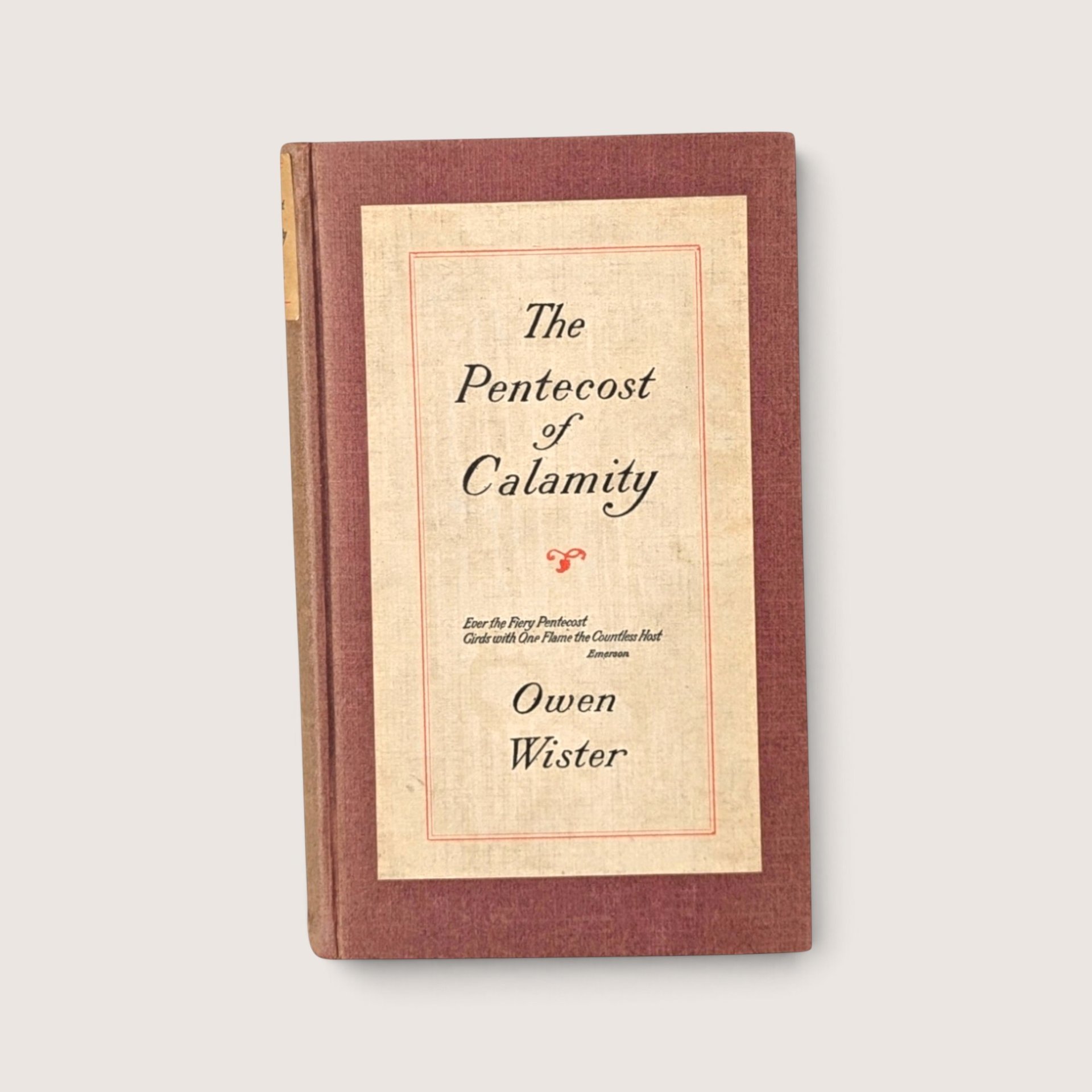Antique 1915 Macmillan hardcover book The Pentecost of Calamity by Owen Wister with a cream cover label on textured cloth.