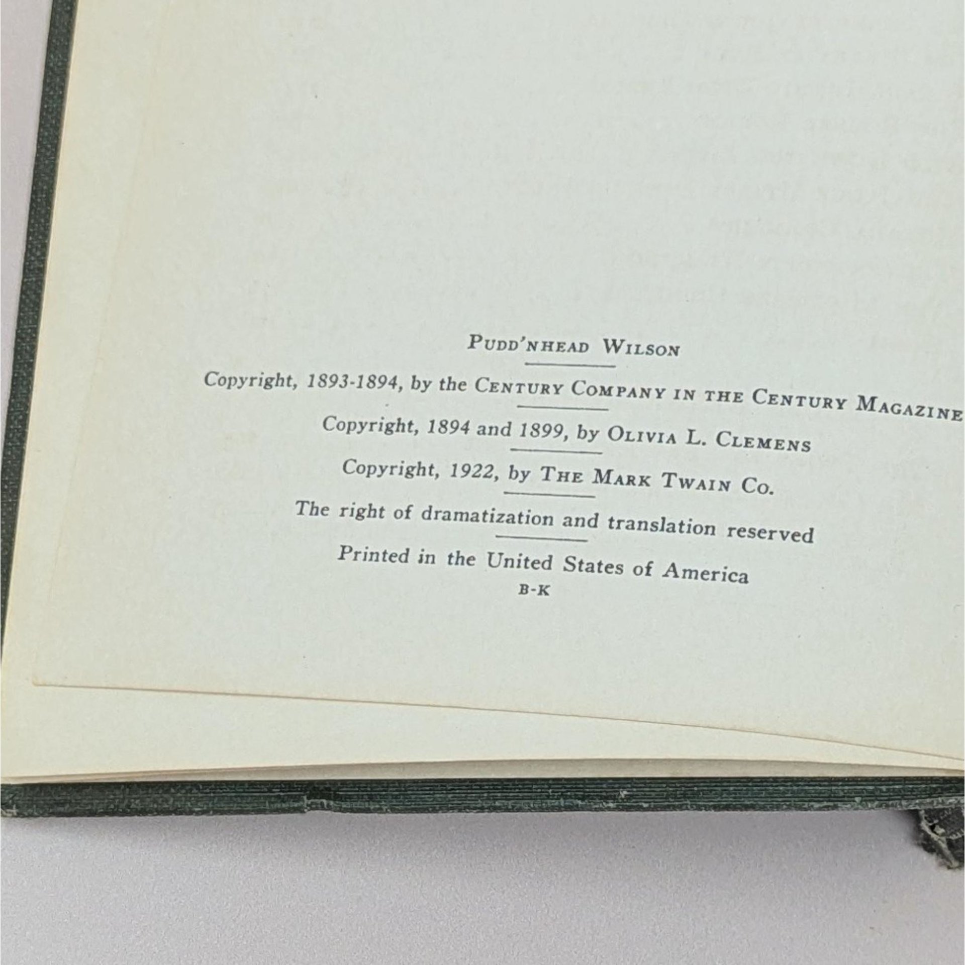 1922 Puddnhead Wilson by Mark Twain