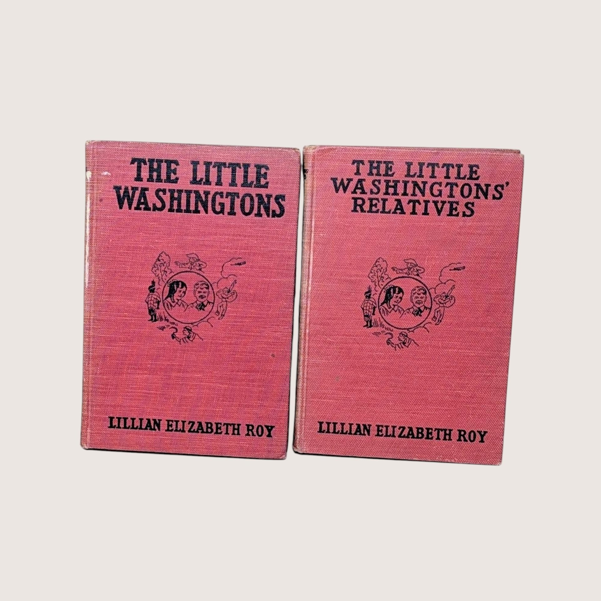Two vintage pink book covers by Lillian Elizabeth Roy side by side, centered on a beige background.