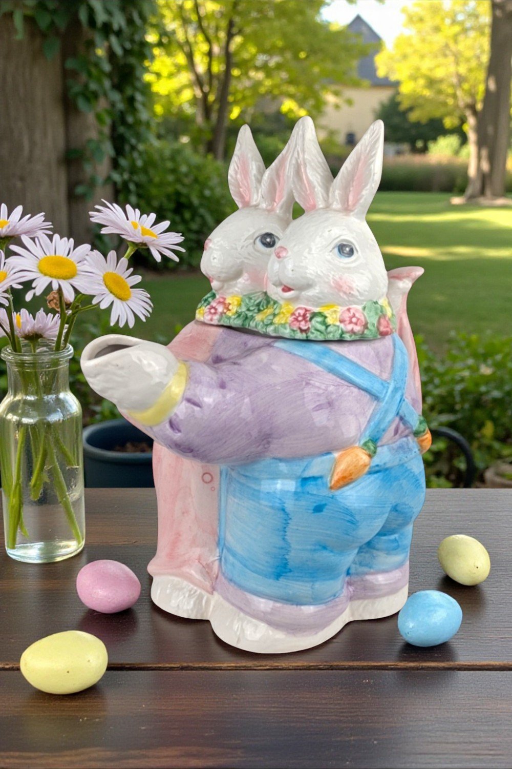 Vintage Whimsical Dancing Rabbits Ceramic Teapot