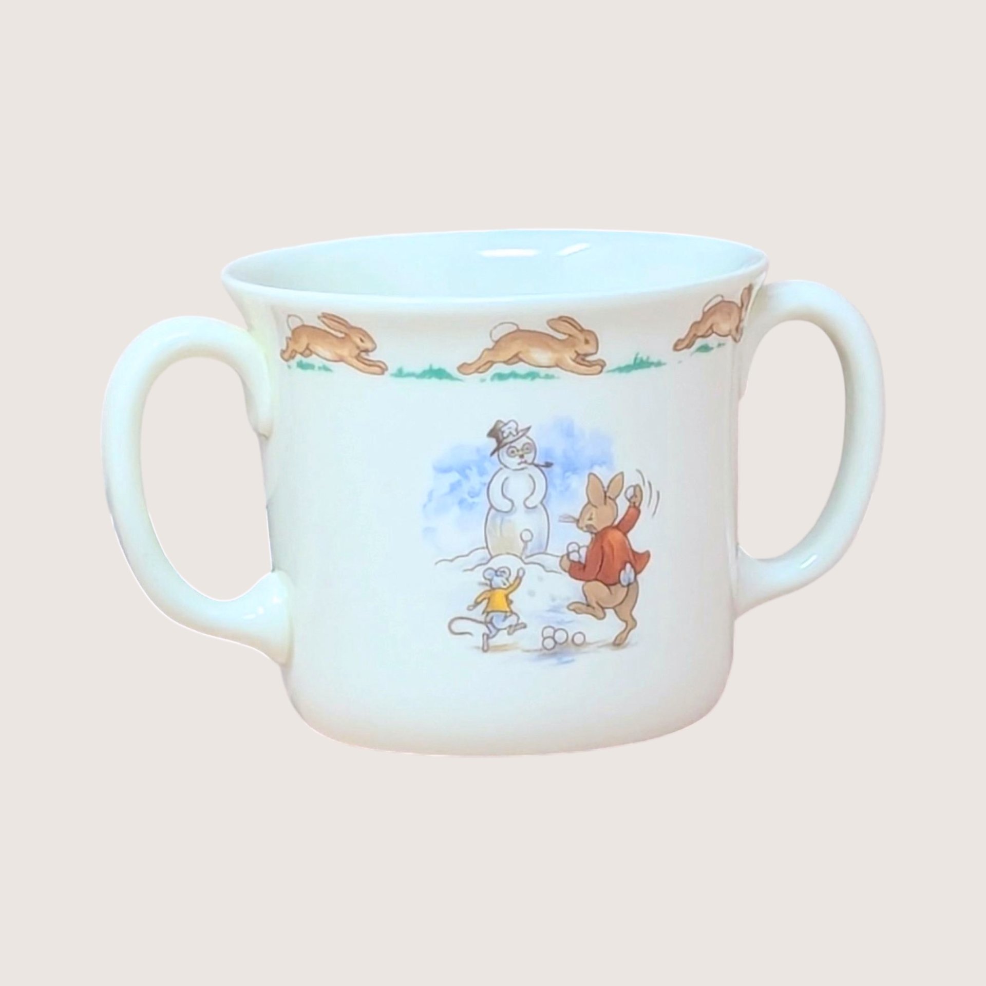 1984 Royal Doulton Bunnykins Sledding 2 Handled Mug