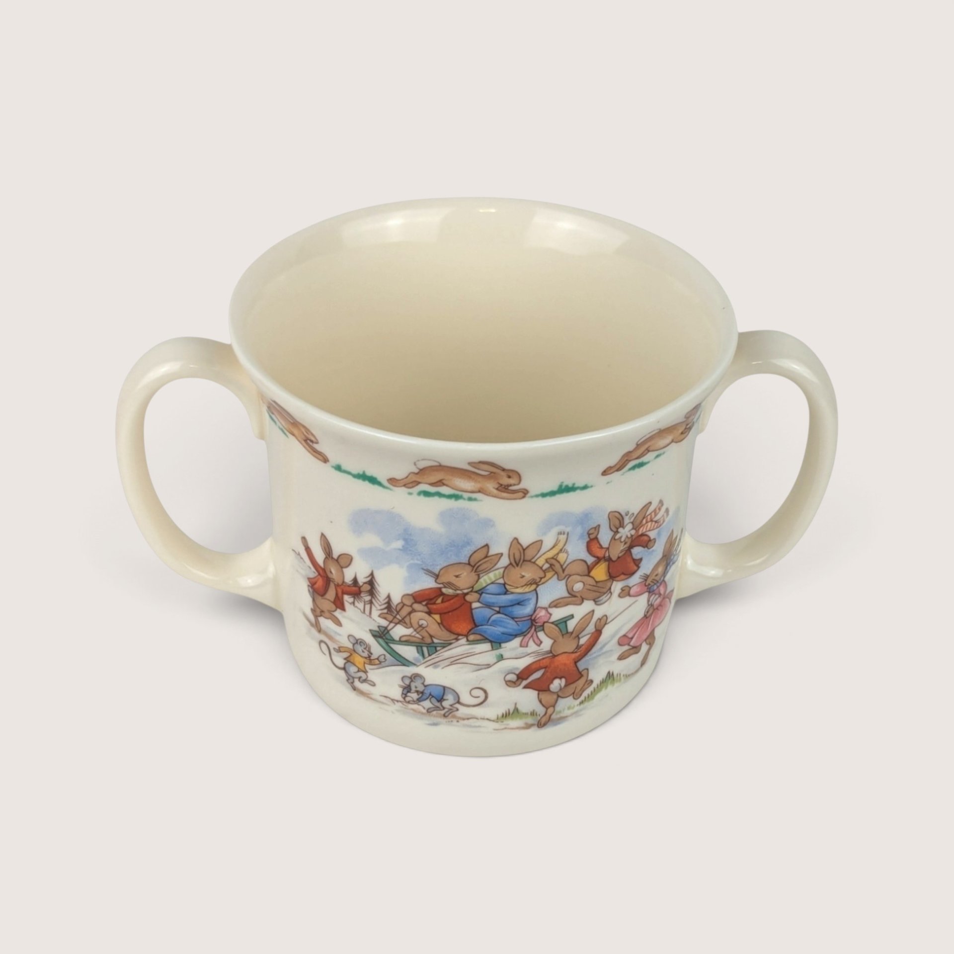 Vintage Royal Doulton Bunnykins Sledding Mug. Two-Handled Cup