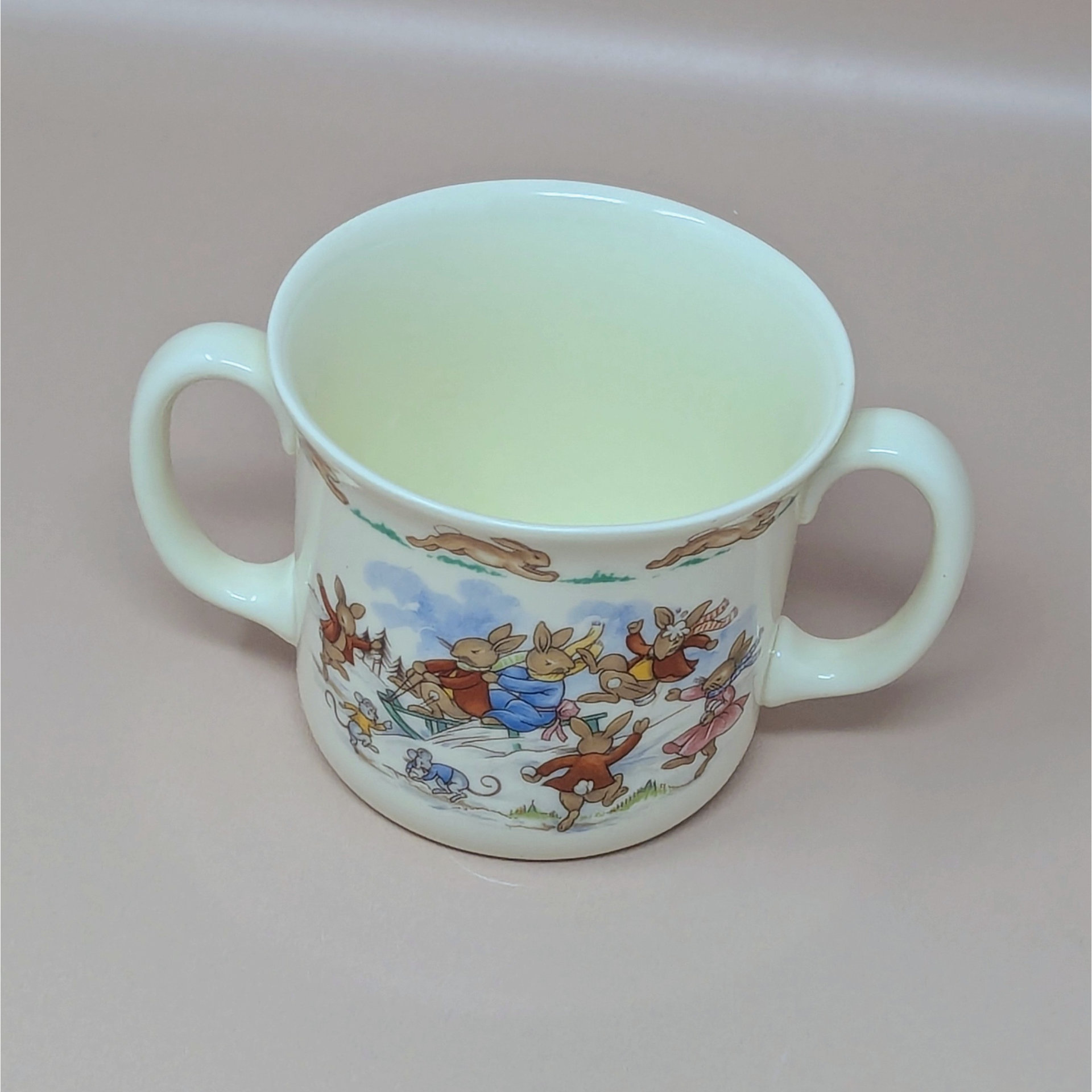 1984 Royal Doulton Bunnykins Sledding 2 Handled Mug