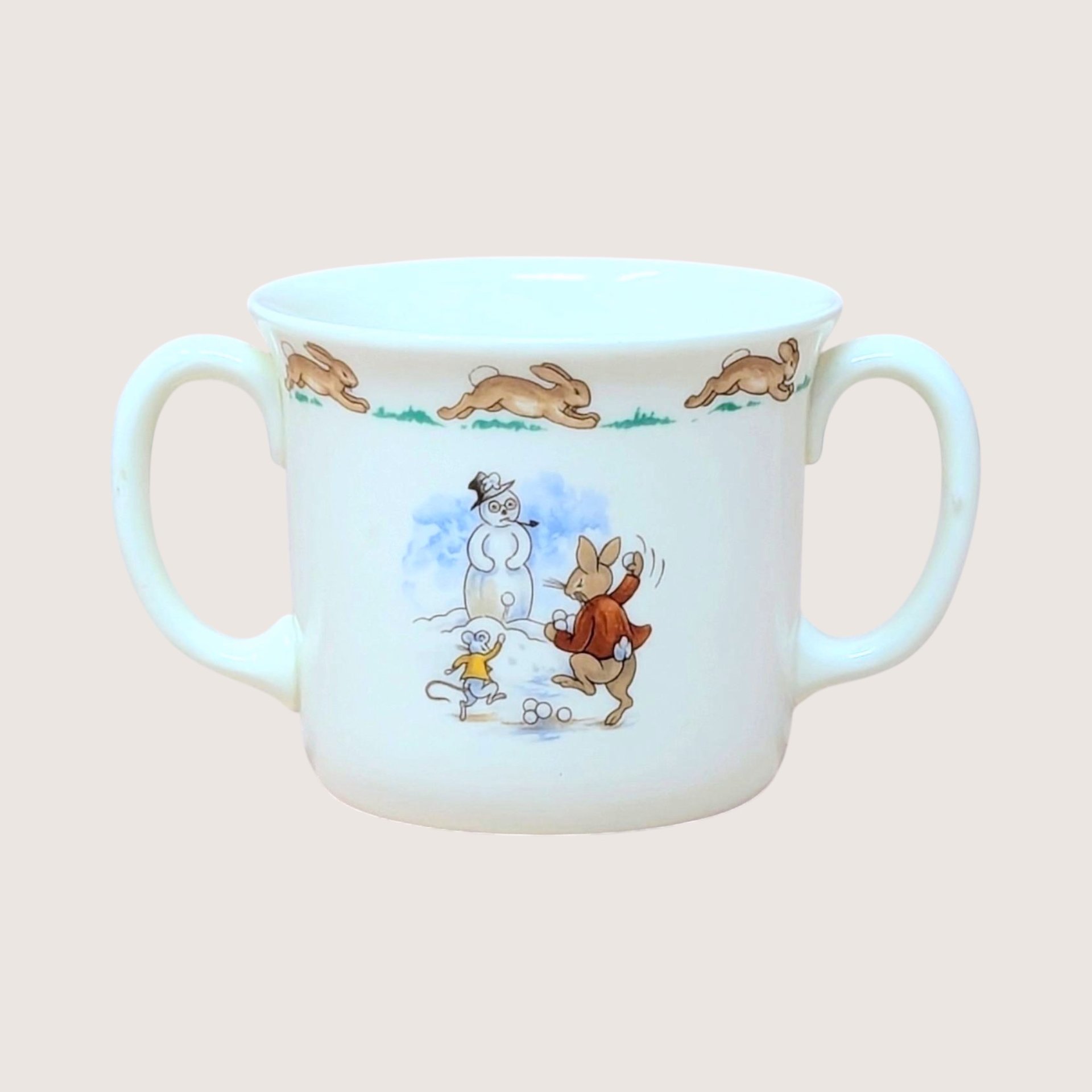 1984 Royal Doulton Bunnykins Sledding 2 Handled Mug