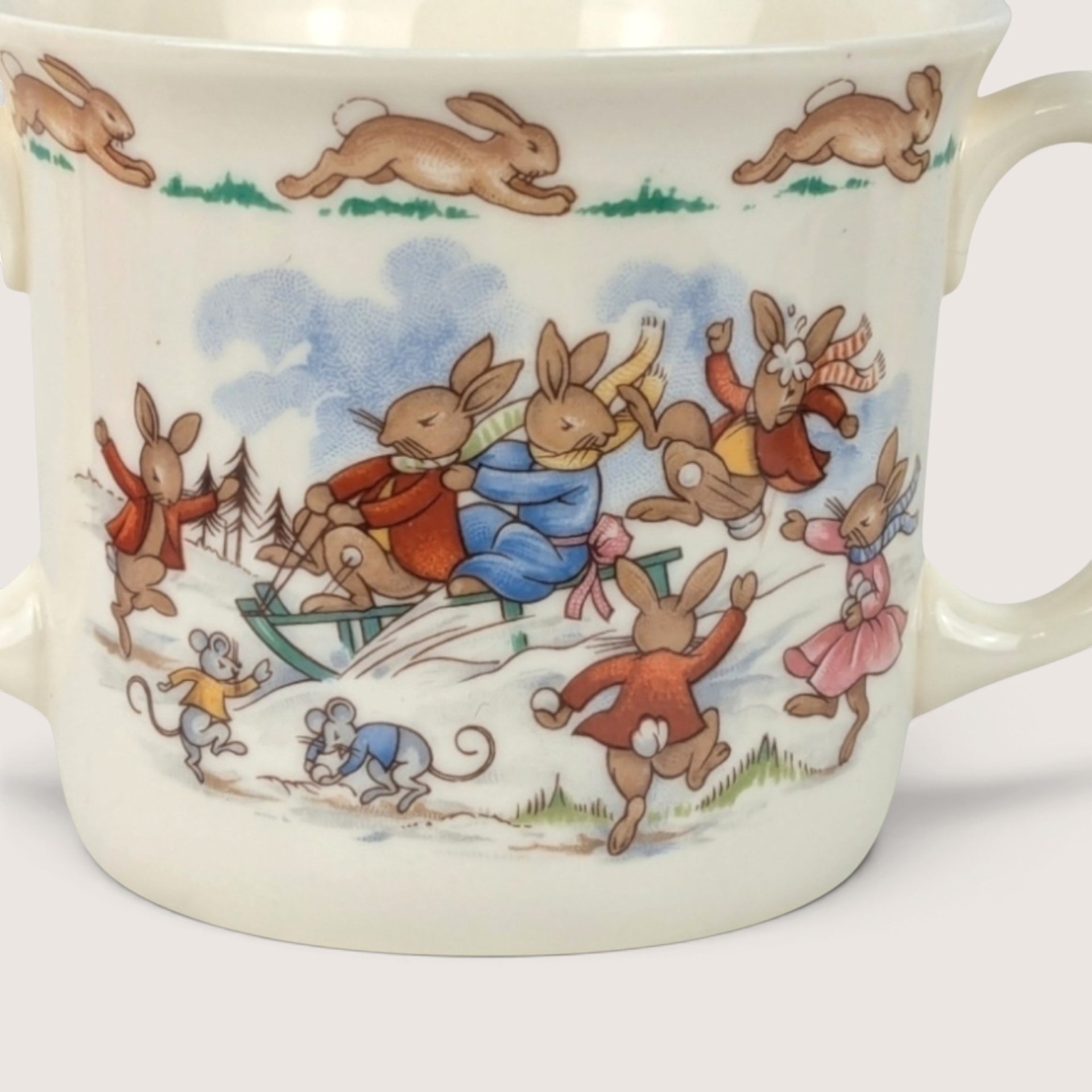 Vintage Royal Doulton Bunnykins Sledding Mug. Two-Handled Cup