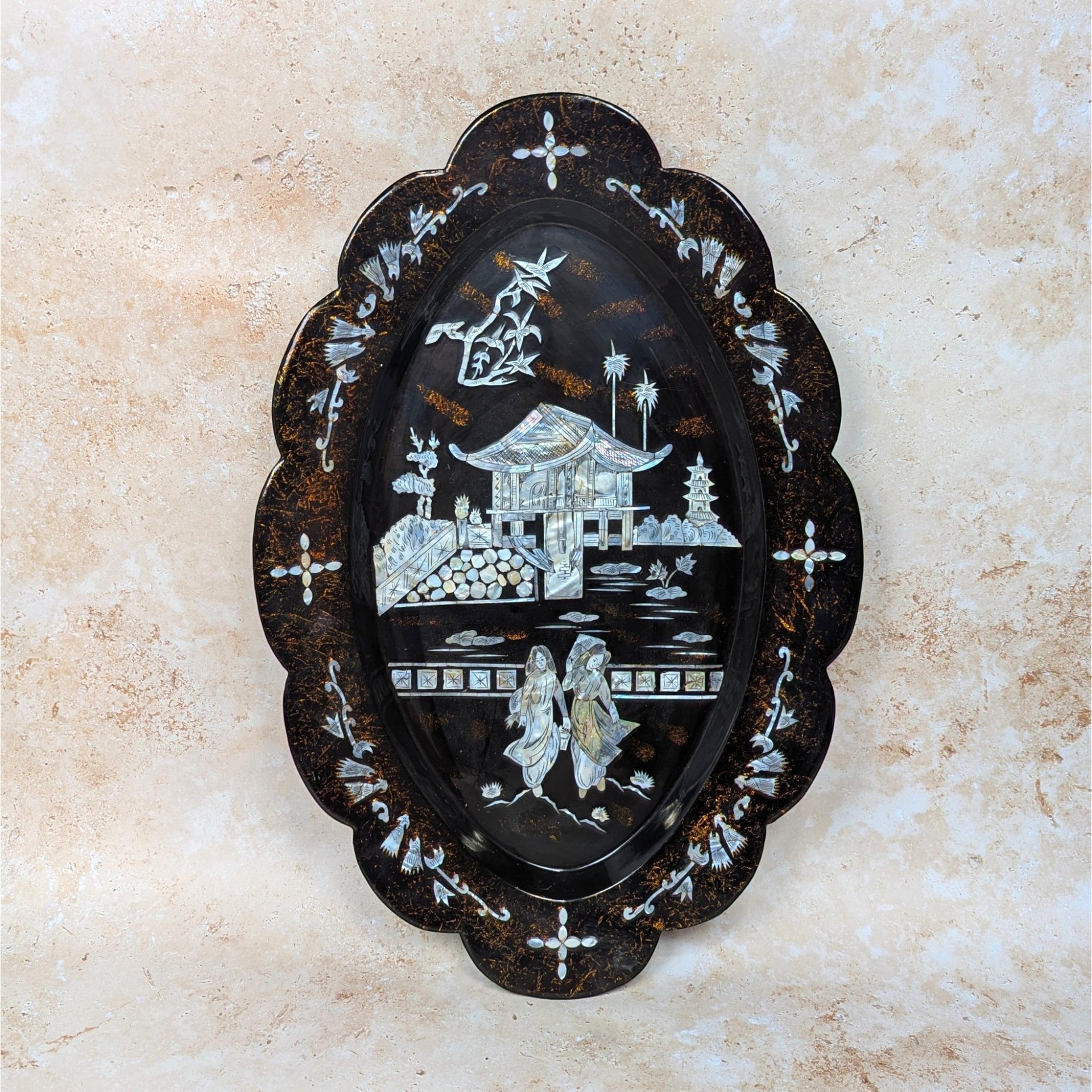 1960s Asian Black Lacquer Mother of Pearl Inlaid Wall Platter