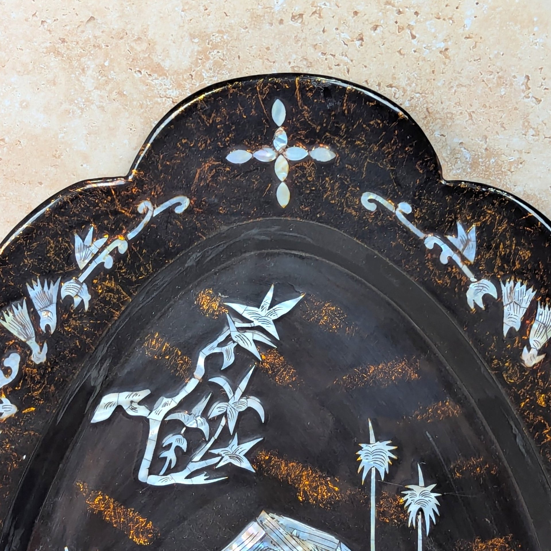 1960s Asian Black Lacquer Mother of Pearl Inlaid Wall Platter