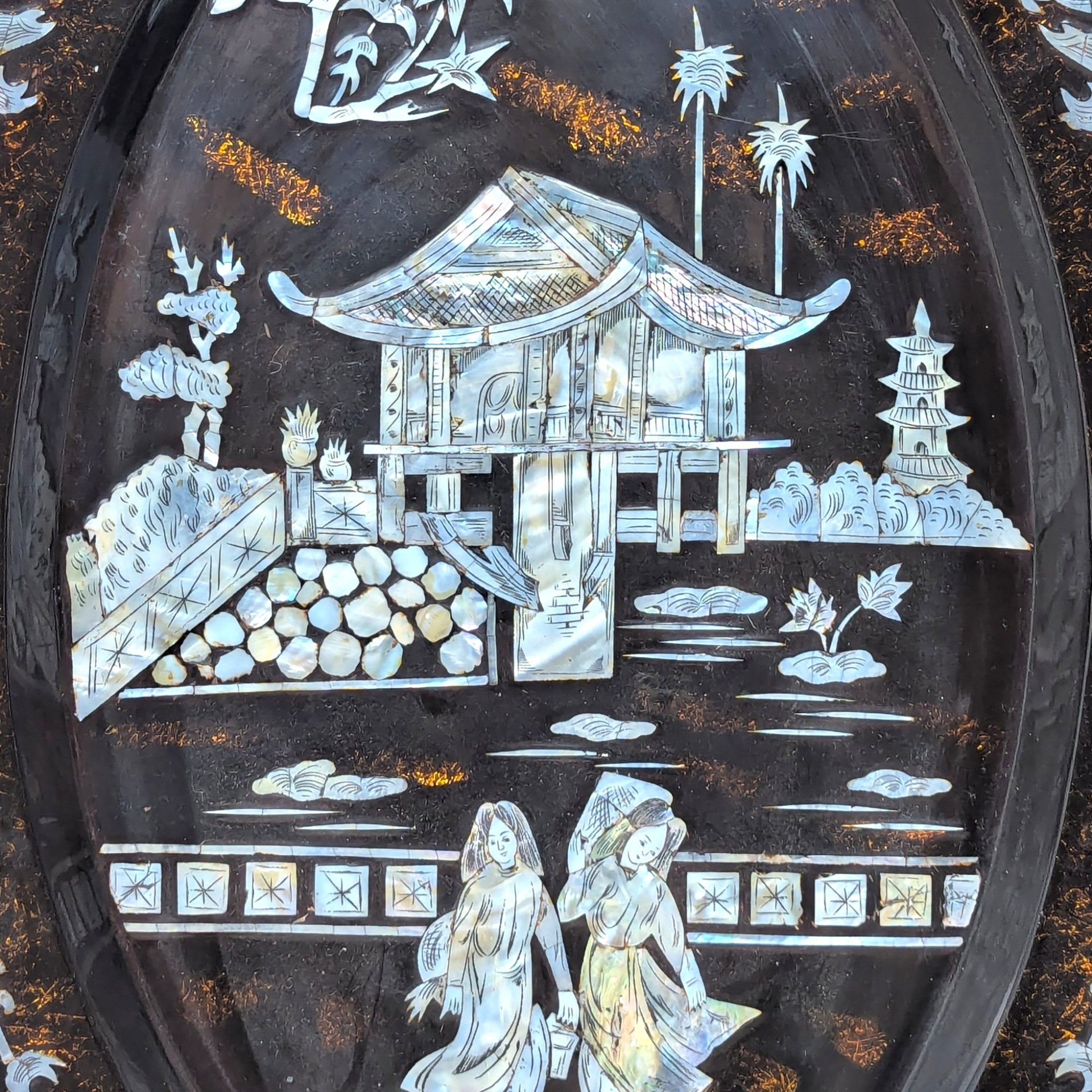 1960s Asian Black Lacquer Mother of Pearl Inlaid Wall Platter
