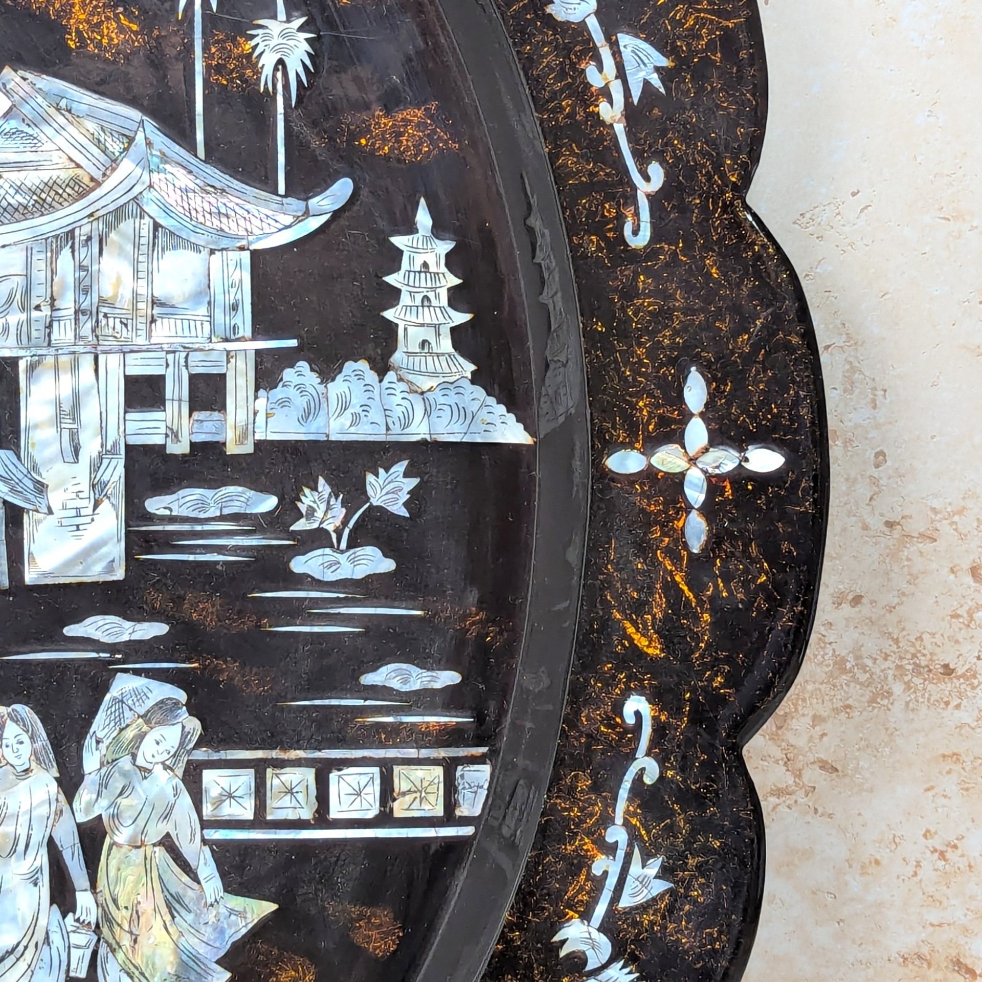 1960s Asian Black Lacquer Mother of Pearl Inlaid Wall Platter