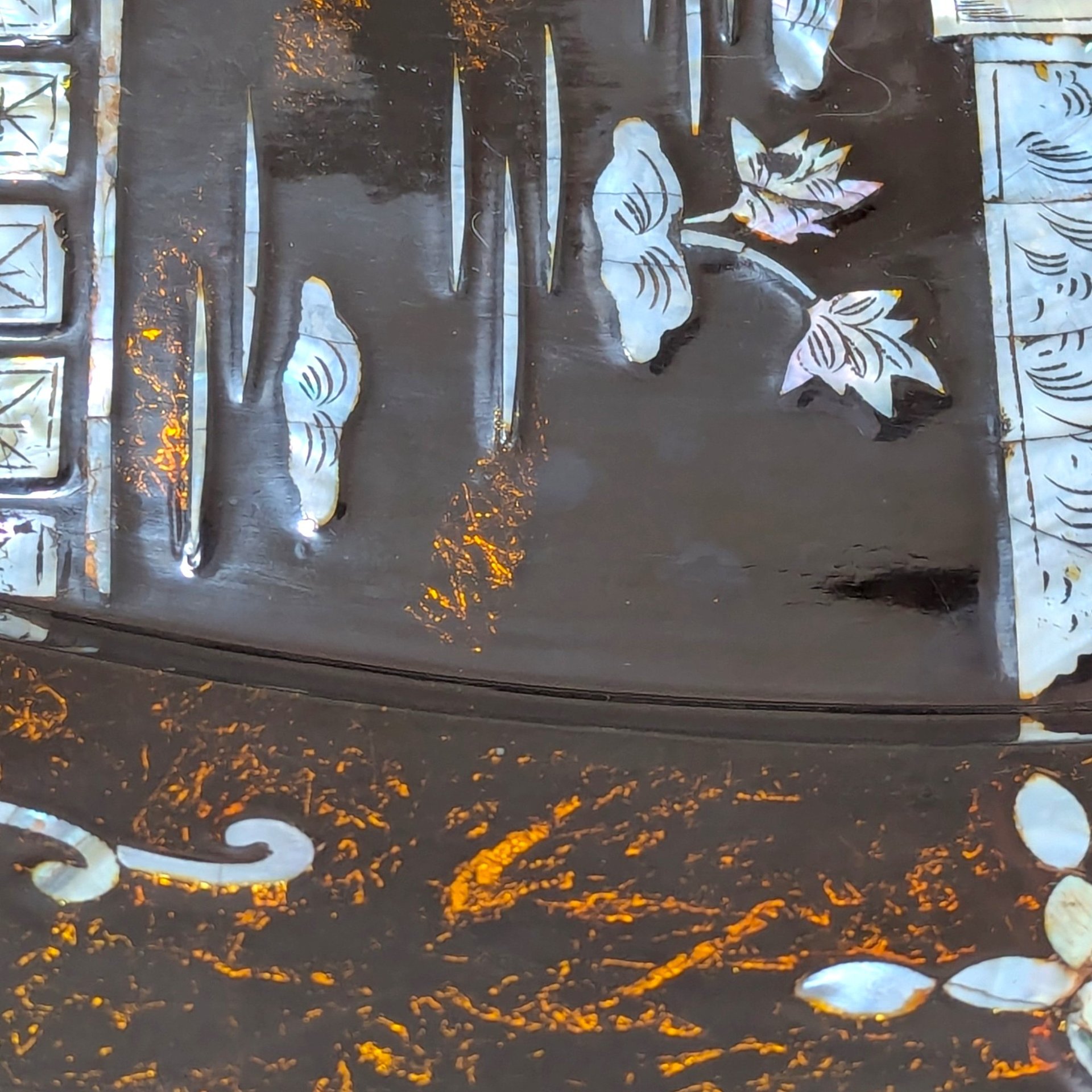 1960s Asian Black Lacquer Mother of Pearl Inlaid Wall Platter
