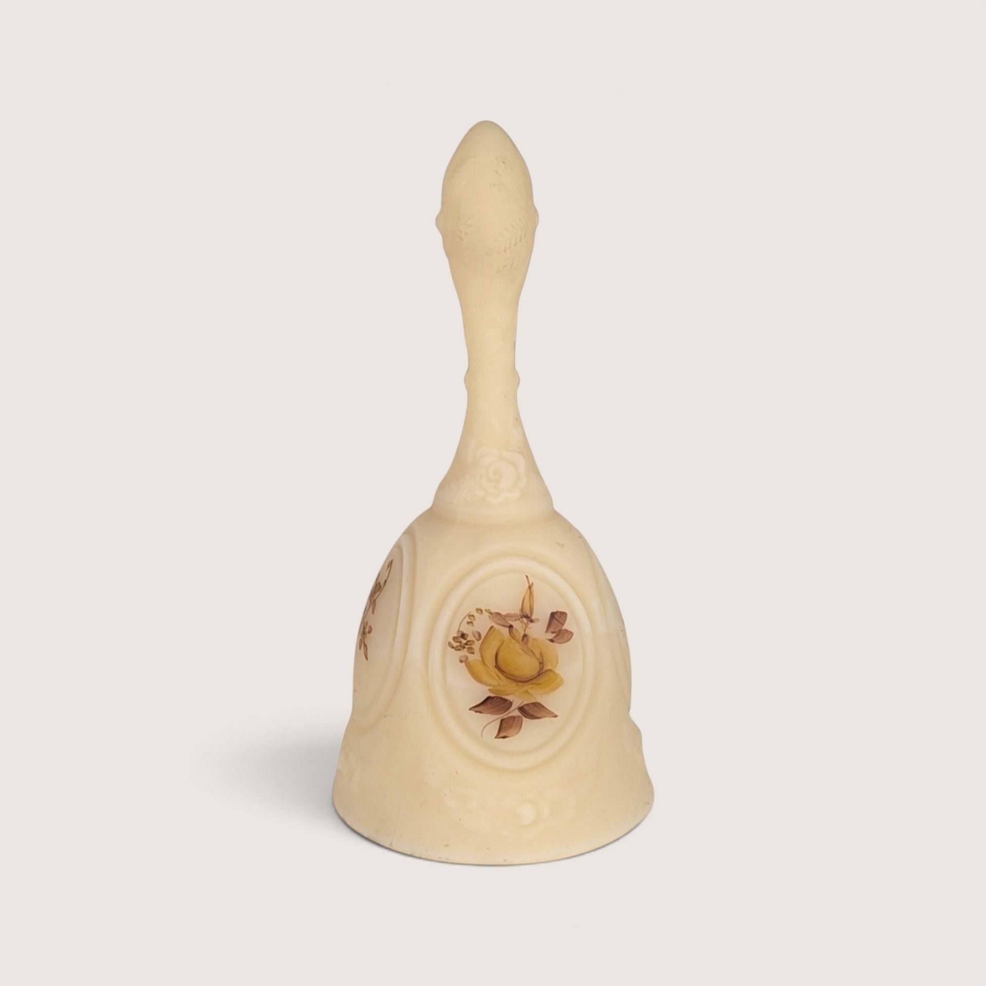 Vintage Fenton satin glass bell featuring a hand-painted chocolate rose motif inside a cameo medallion.