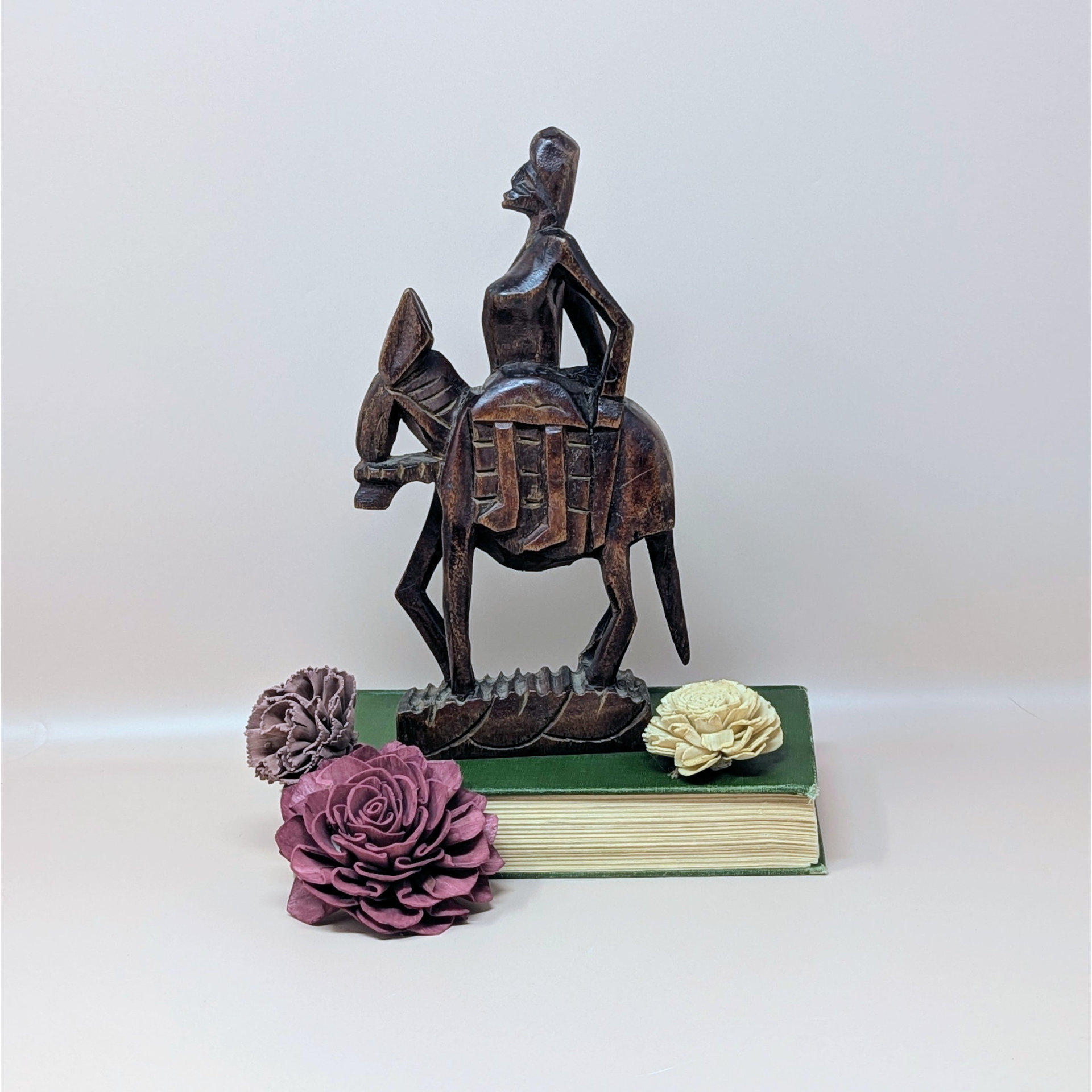 Mid Century Hand Carved African Wooden Woman on Horse