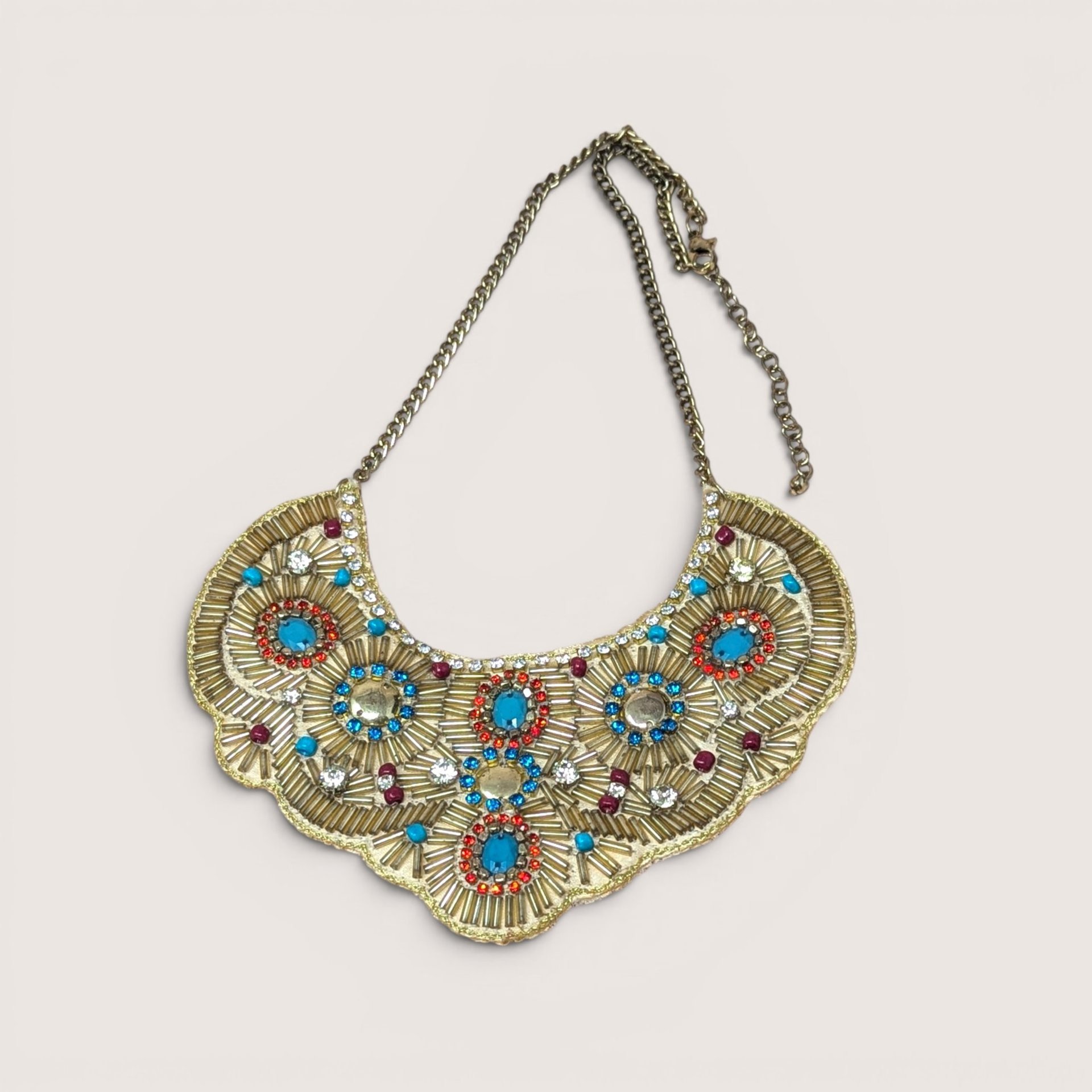 1980s Boho Beaded Egyptian Style Statement Bib Necklace