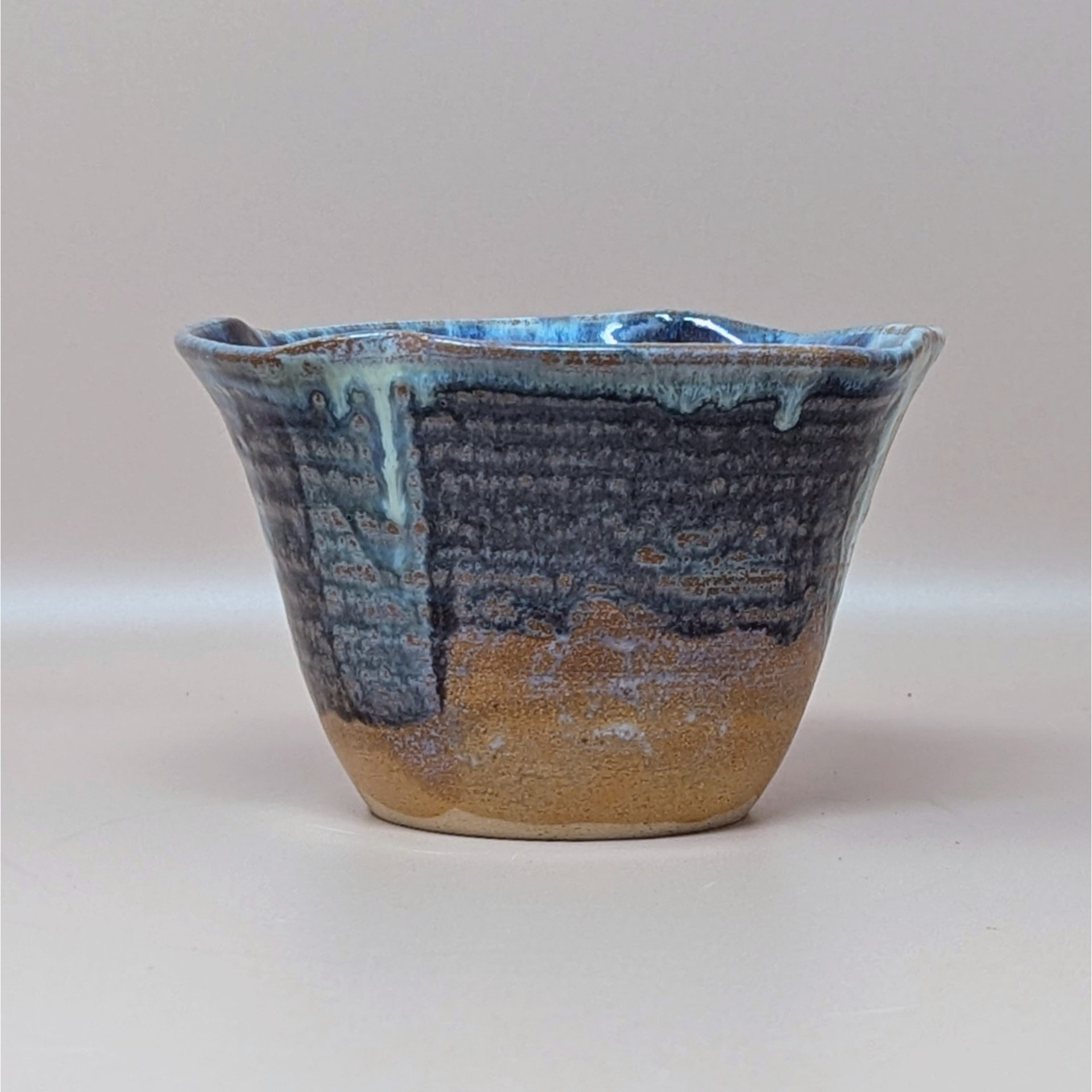 1980s Blue Studio Pottery Drip Glaze Initialed Bowl