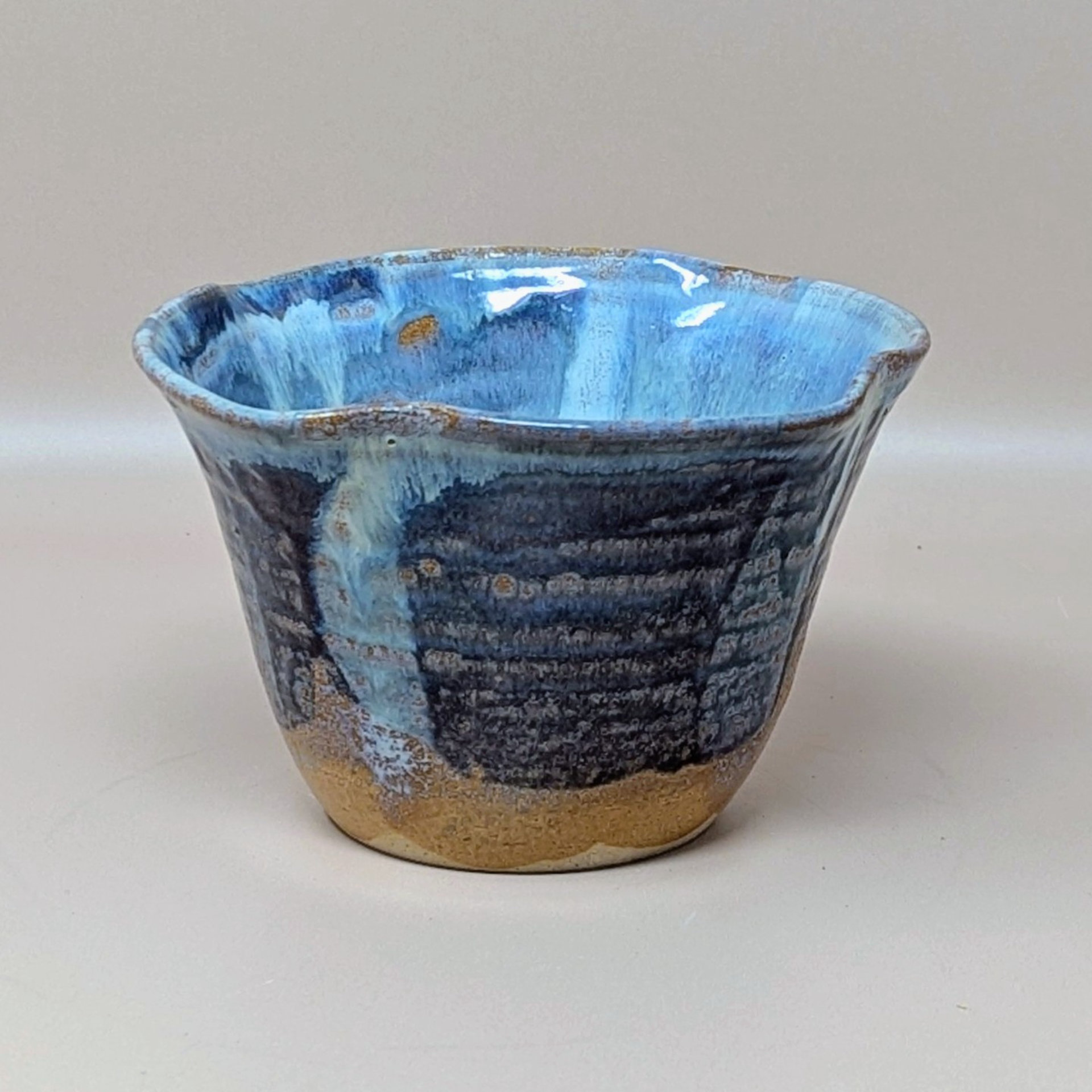 1980s Blue Studio Pottery Drip Glaze Initialed Bowl