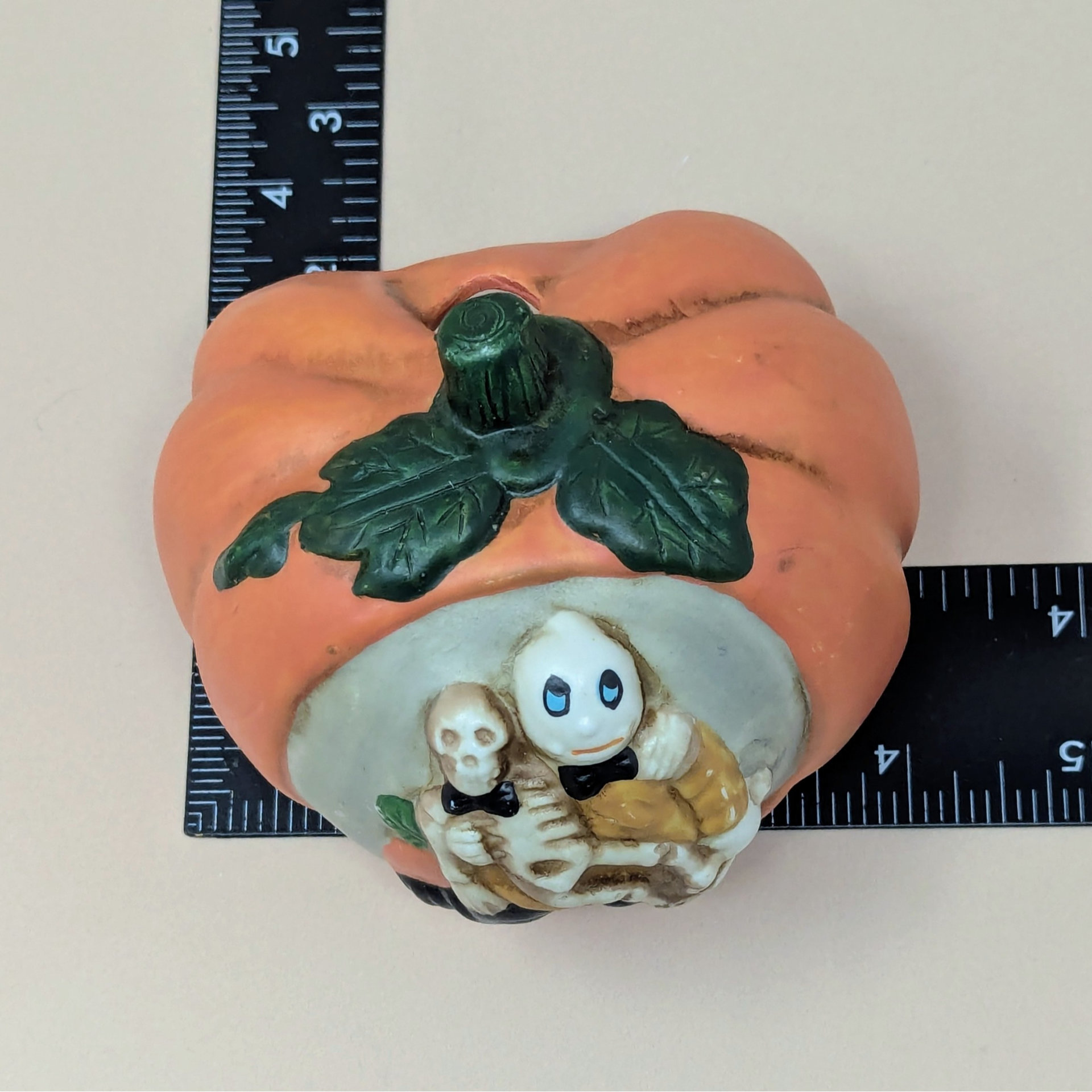 1990s Ceramic Skeleton Pumpkin Halloween Tealight Holder Set