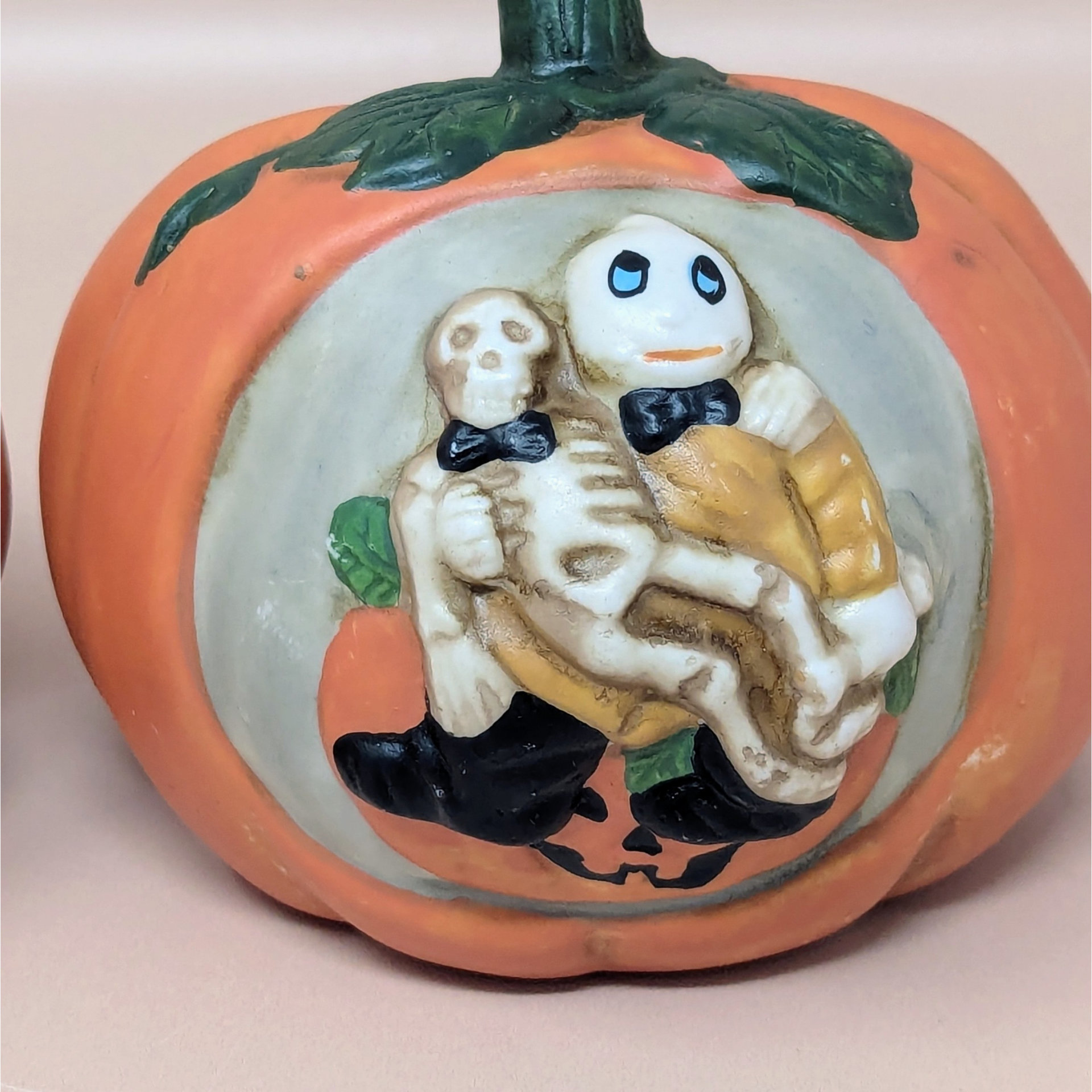 1990s Ceramic Skeleton Pumpkin Halloween Tealight Holder Set