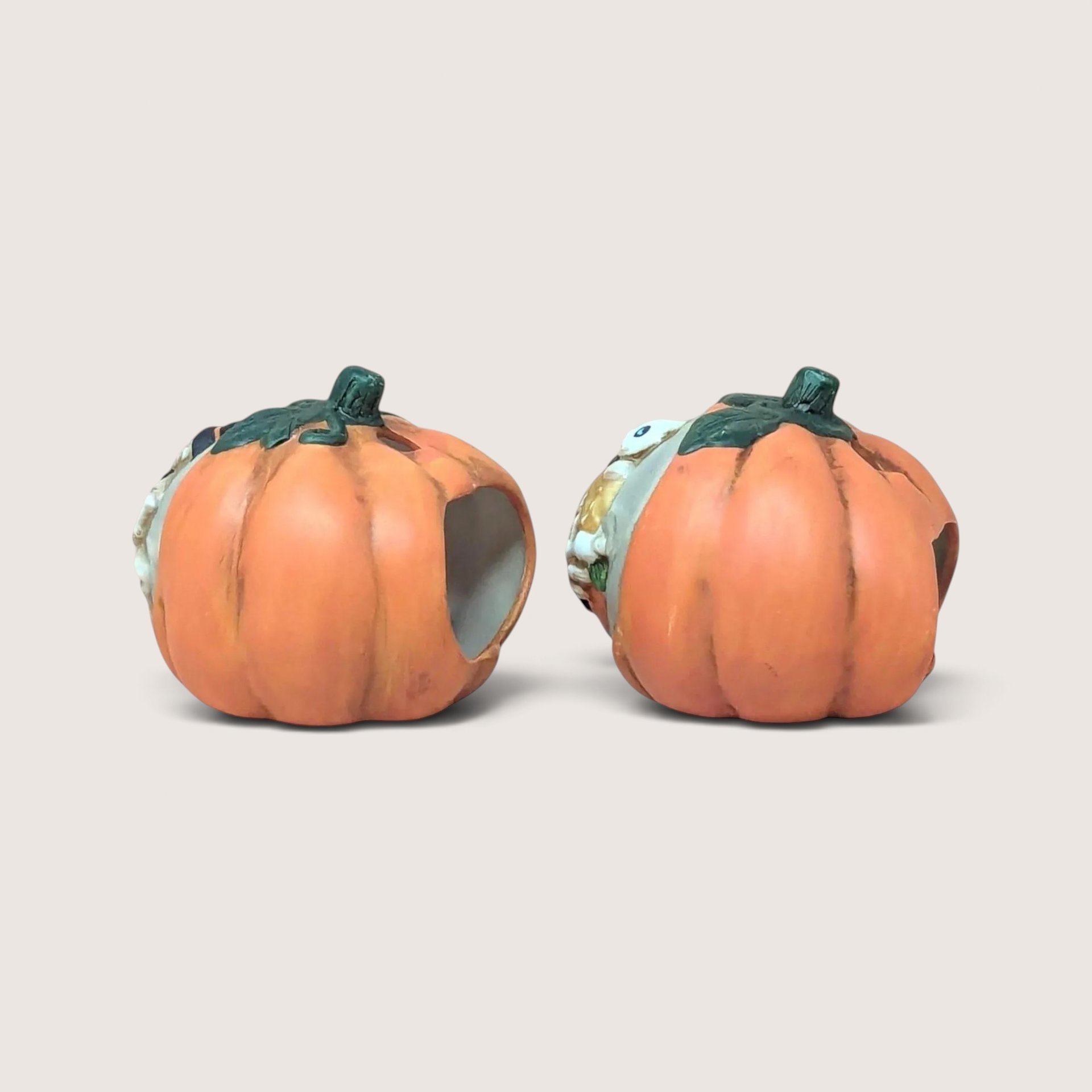 Vintage Ceramic Skeleton Pumpkin Tealight Holder Set