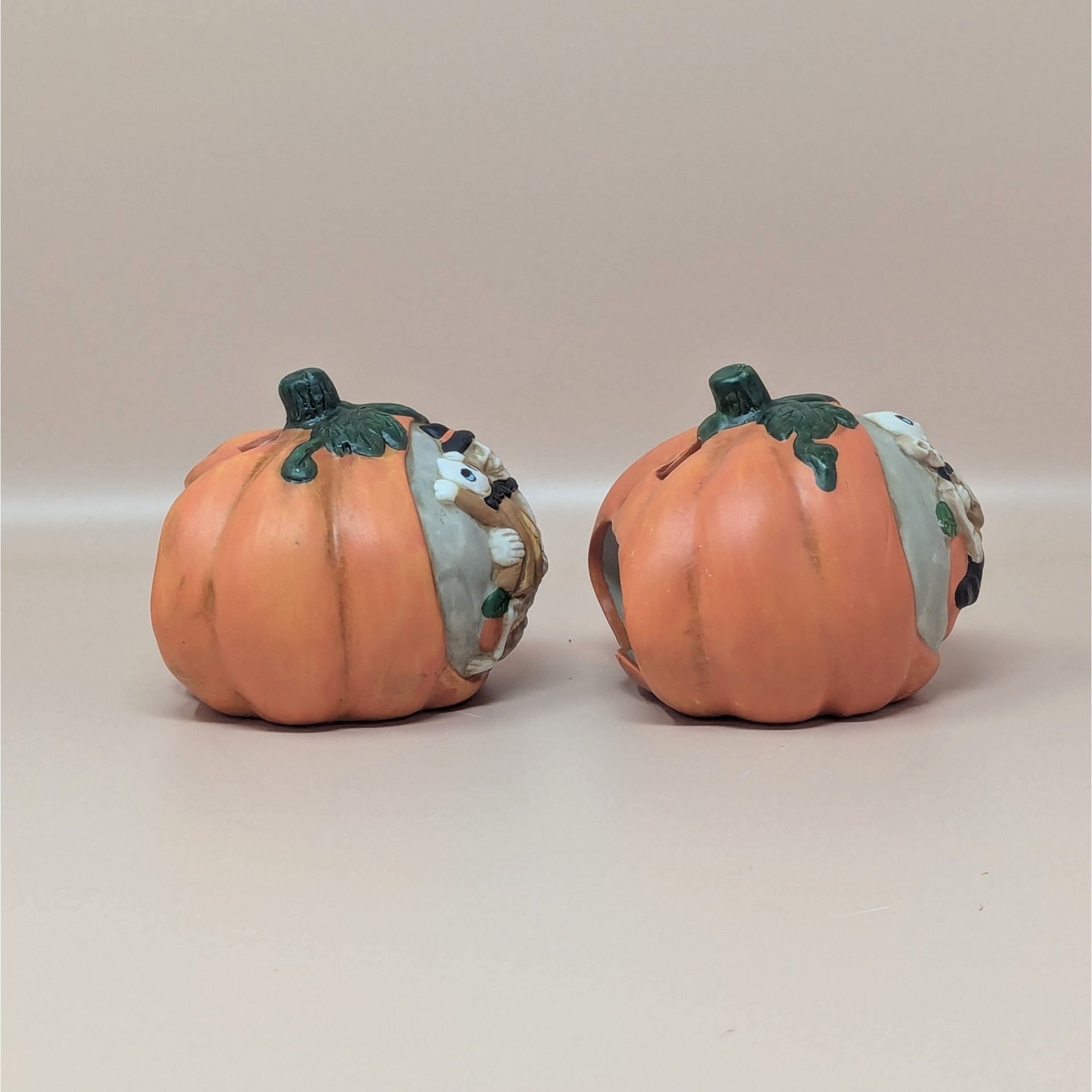 1990s Ceramic Skeleton Pumpkin Halloween Tealight Holder Set