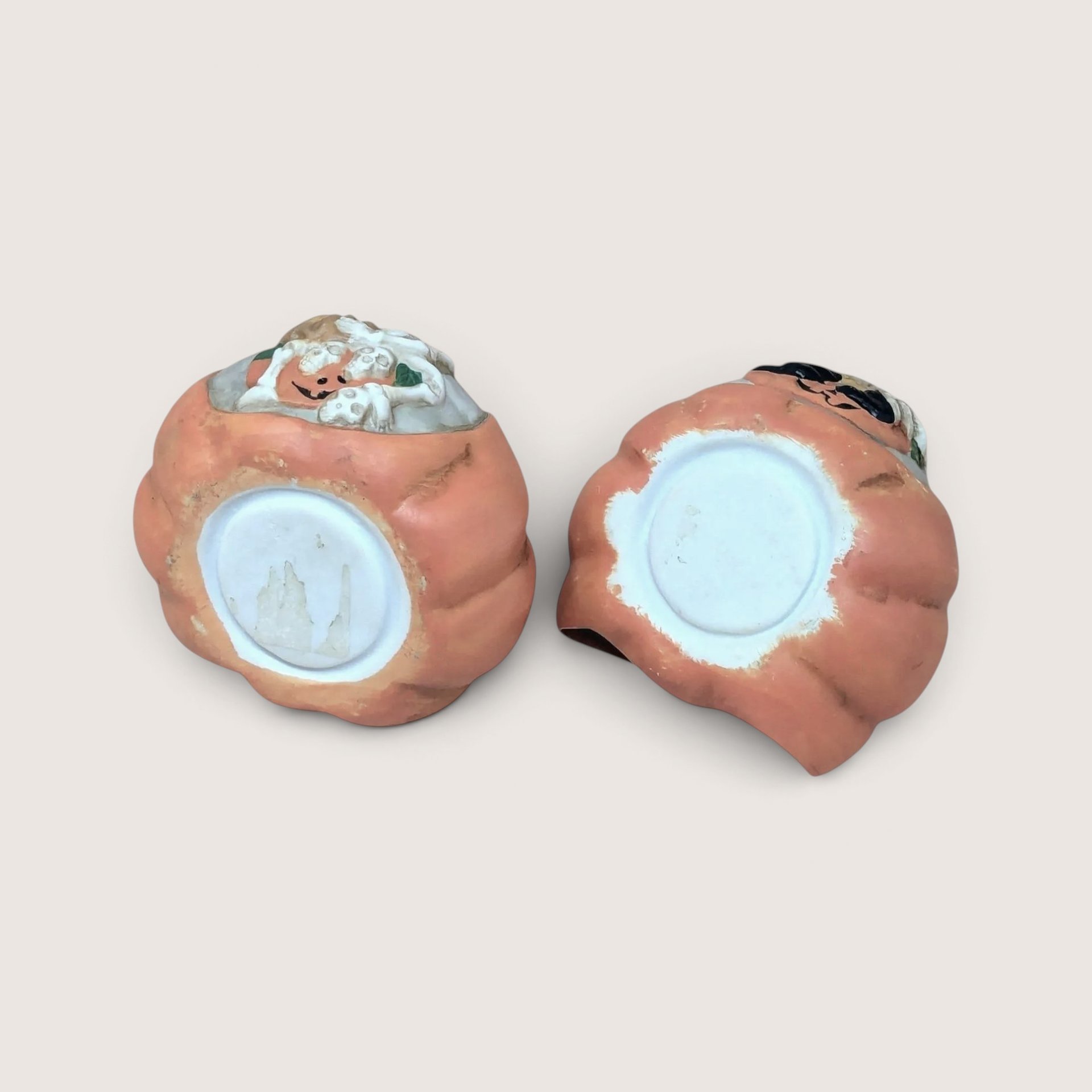 Vintage Ceramic Skeleton Pumpkin Tealight Holder Set