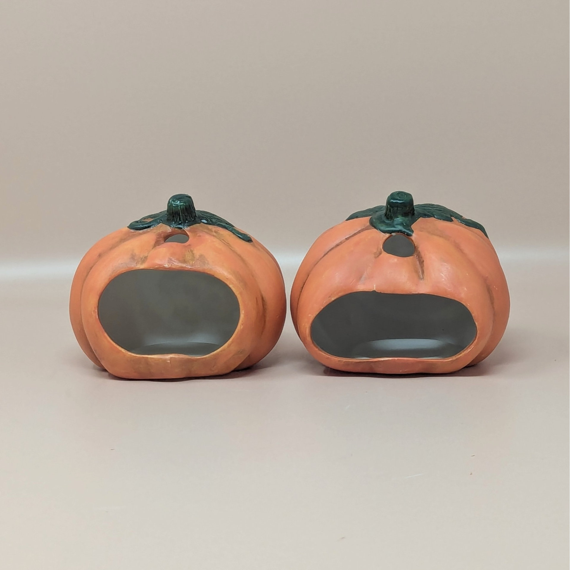 1990s Ceramic Skeleton Pumpkin Halloween Tealight Holder Set