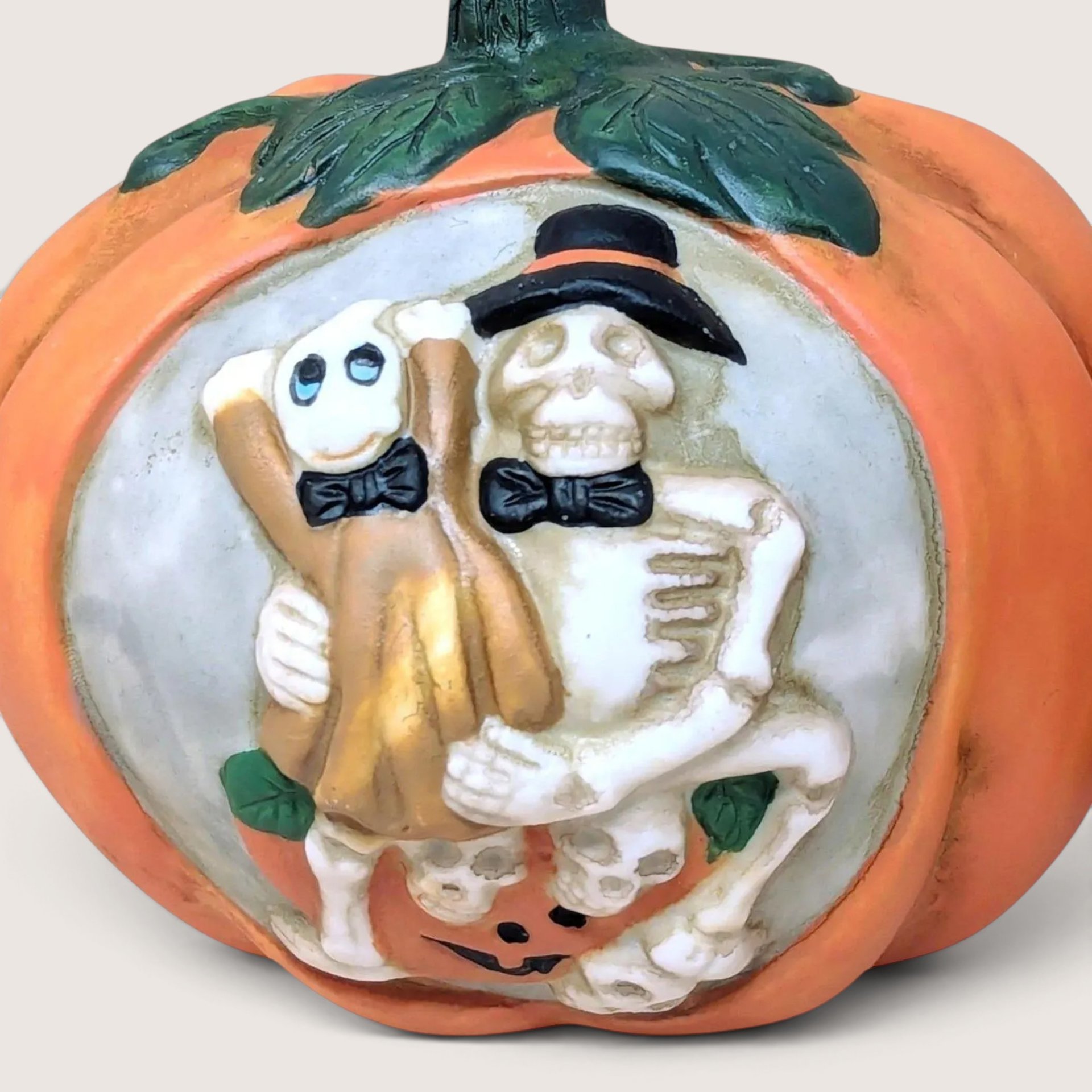 Vintage Ceramic Skeleton Pumpkin Tealight Holder Set