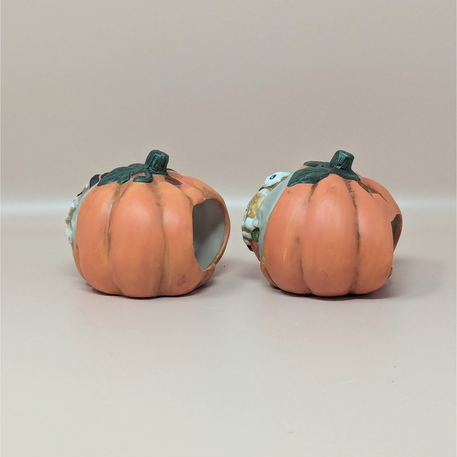 1990s Ceramic Skeleton Pumpkin Halloween Tealight Holder Set