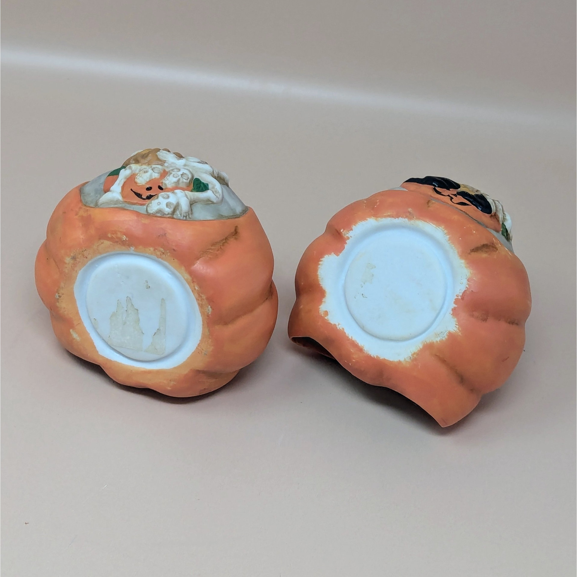 1990s Ceramic Skeleton Pumpkin Halloween Tealight Holder Set