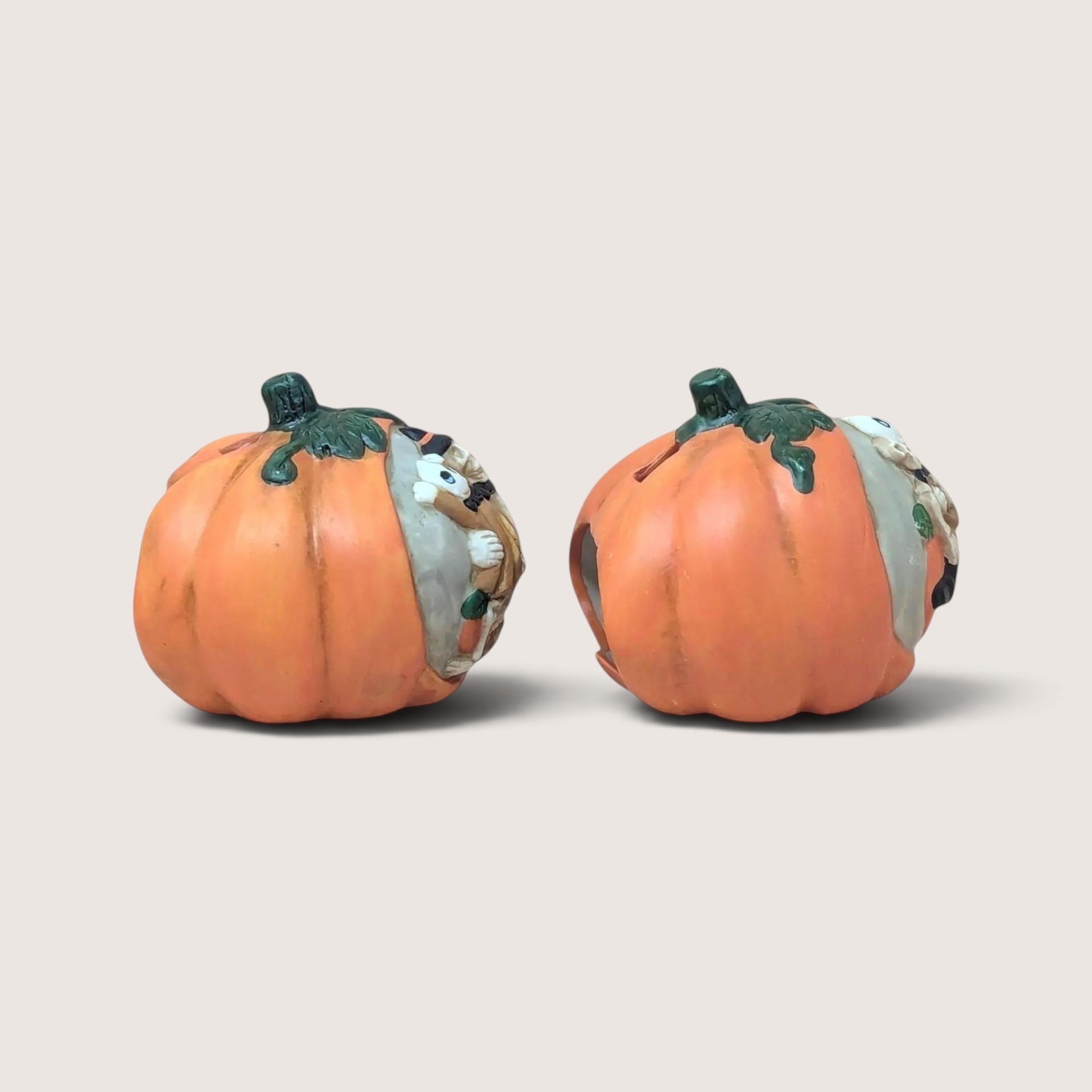 Vintage Ceramic Skeleton Pumpkin Tealight Holder Set