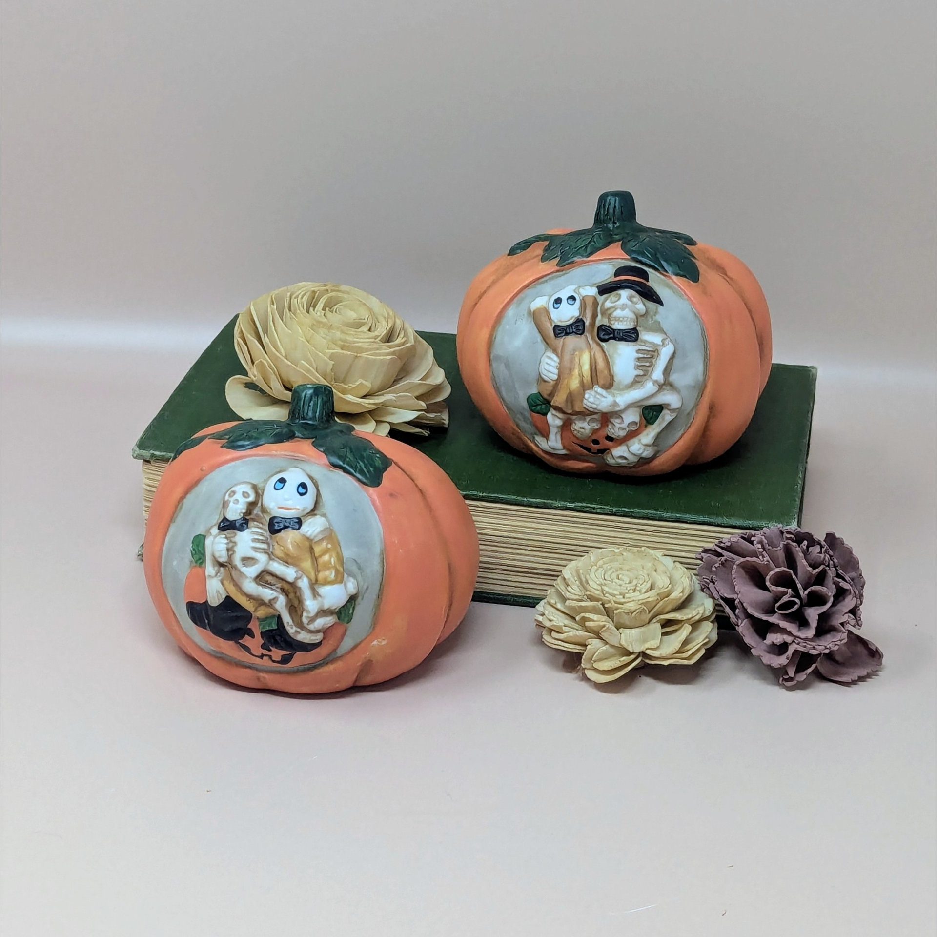 1990s Ceramic Skeleton Pumpkin Halloween Tealight Holder Set