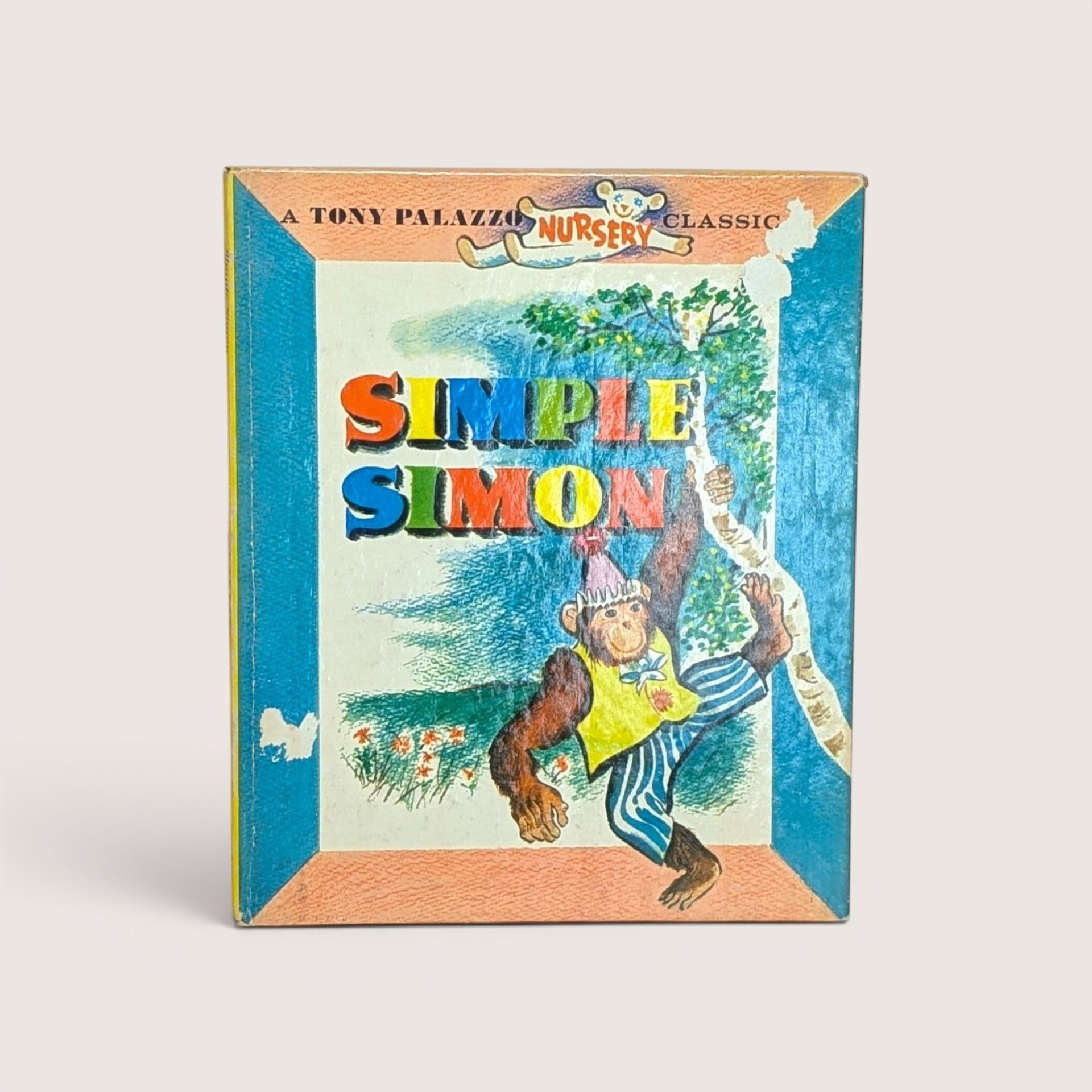 A vintage children's book cover for Simple Simon by Tony Palazzo featuring an illustrated monkey climbing a tree.
