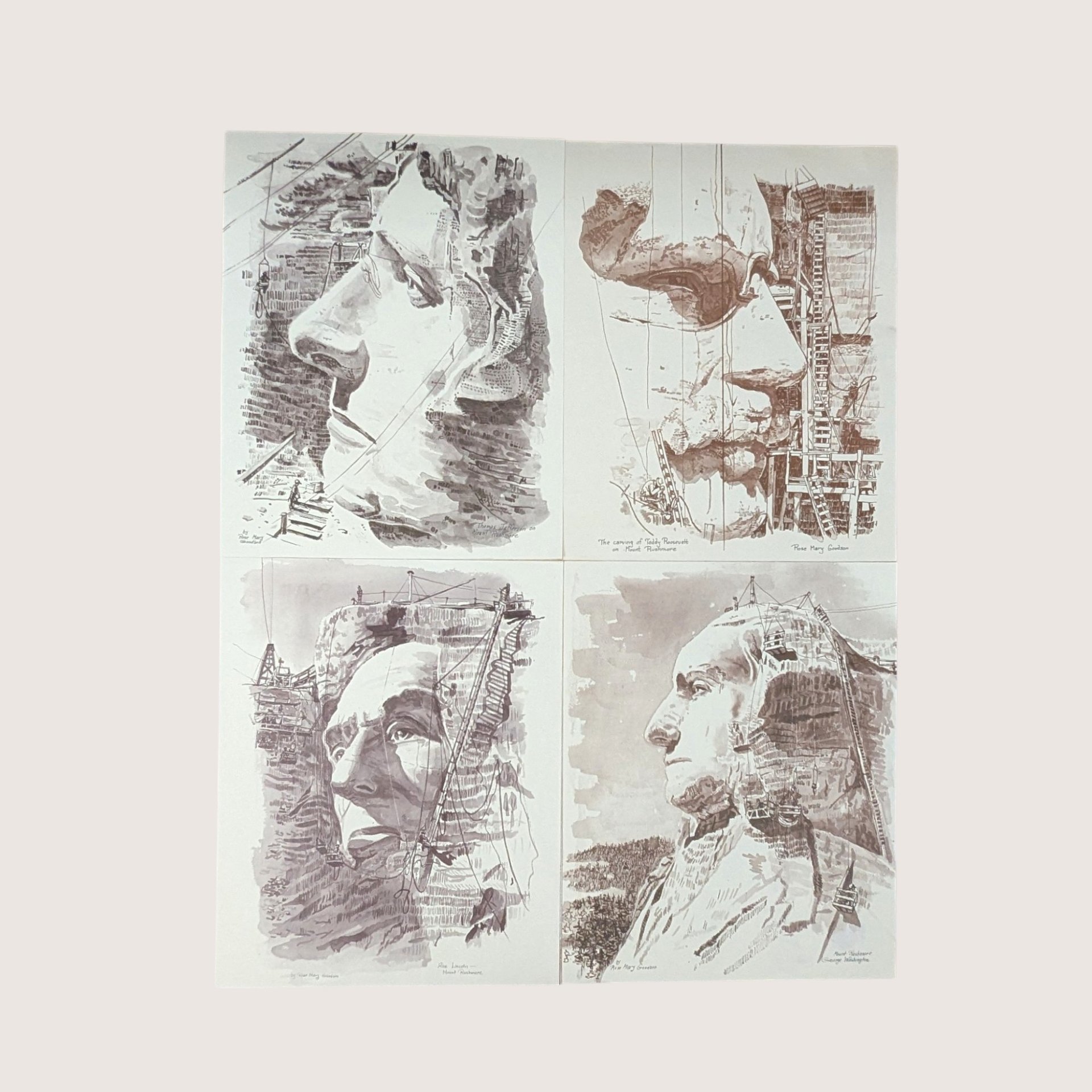 A vintage set of four Rose Mary Goodson Mount Rushmore prints on a tan textured background. The matching fourteen by eleven inch sepia tone illustrations depict detailed construction sketches of Jefferson, Roosevelt, Lincoln, and Washington.